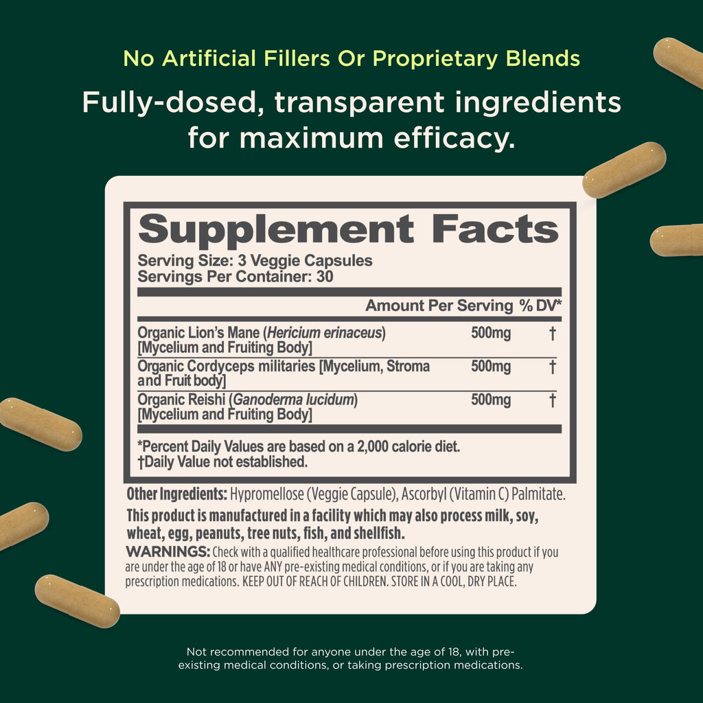 The Genius Brand Mushrooms, 90 Veggie Capsules | Organic Lion's Mane, Cordyceps and Reishi for Immune, Focus and Energy Support, Vegan and Non-GMO Capsules
