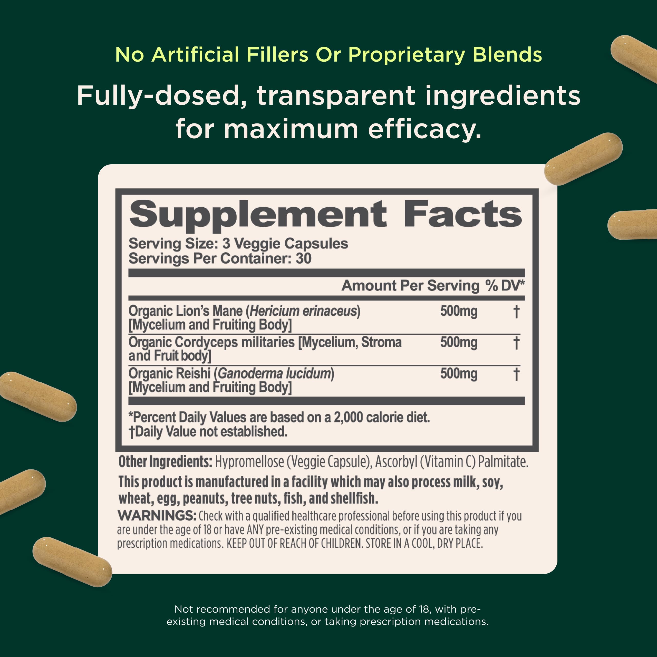 The Genius Brand Mushrooms, 90 Veggie Capsules | Organic Lion's Mane, Cordyceps and Reishi for Immune, Focus and Energy Support, Vegan and Non-GMO Capsules