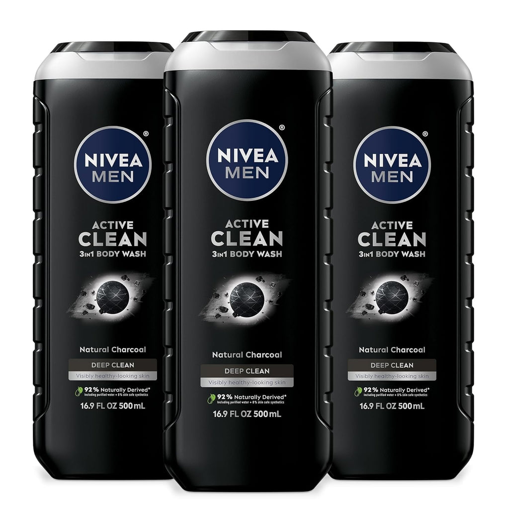 Buy now NIVEA Men Active Clean Body Wash with Natural Charcoal for Normal to Oily Skin, 3-in-1 Charcoal Body Wash, Face and Hair, Draws Out Dirt and Impurities, 16.9 Fl Oz Bottle, Pack of 3 at indiglob india