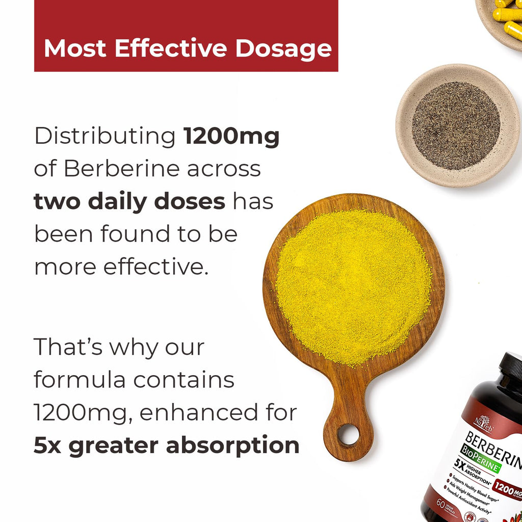 Berberine Supplement 1200mg - 5X Higher Absorption - Ultra Pure 98% Berberine HCL - Healthy Weight Management, Immune Support - Non GMO, Manufactured in USA - 60 Vegan Capsules