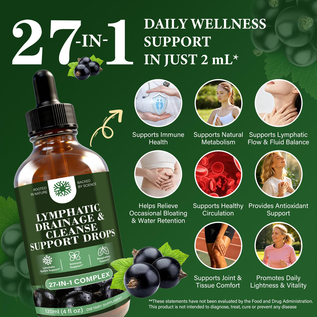 Lymphatic Drainage & Cleanse Support Drops, 27-in-1 Herbal, 4 Fl Oz
