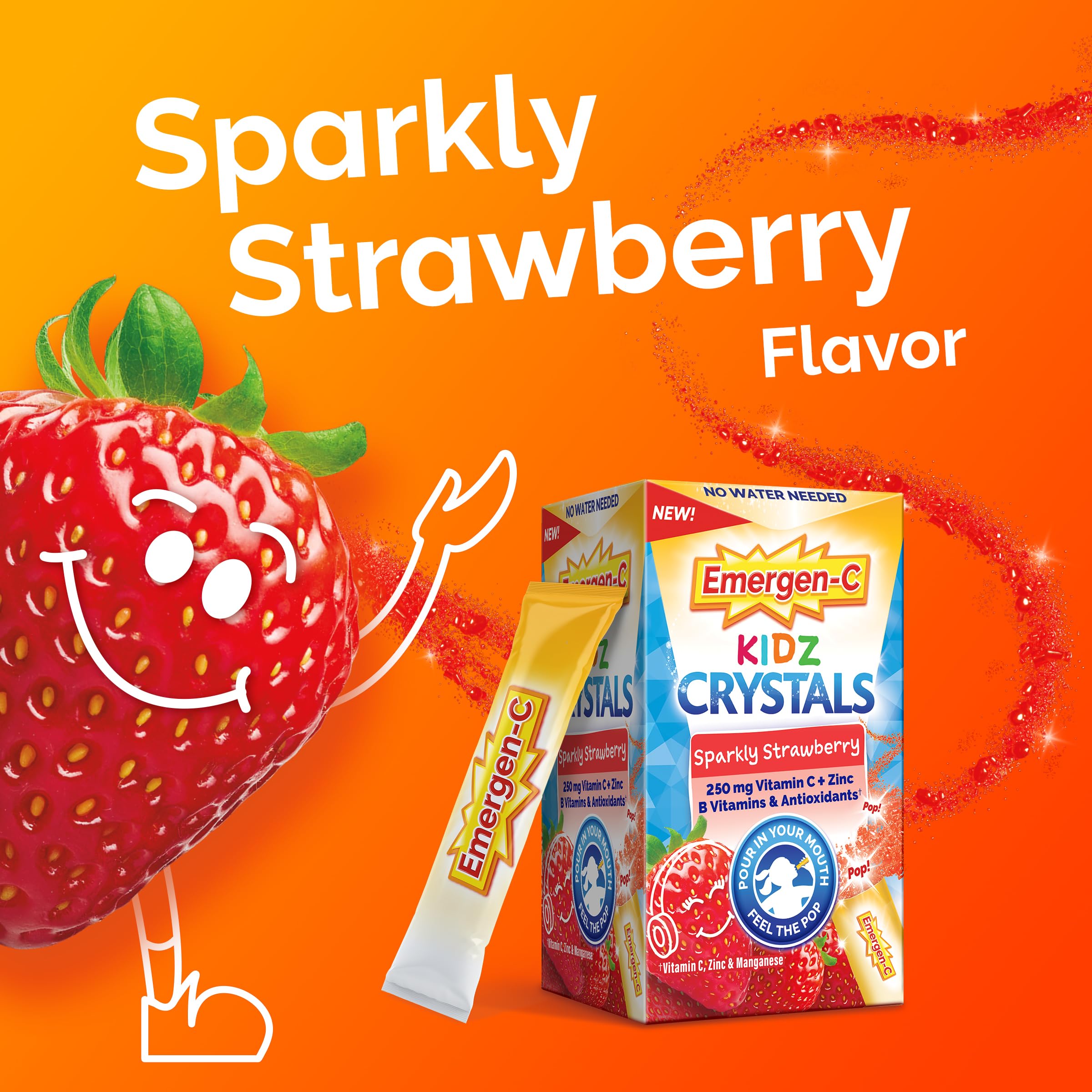 Emergen-C Kidz Vitamin C 250mg Crystals, Strawberry, 56 Packets | No Water Needed, B Vitamins for Energy, Zinc and Manganese, Easy Pouch Format, Kids Crystals