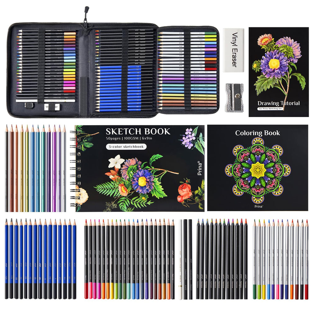 PRINA 81 Drawing Set Sketching Kit, Pro Sketch Pencils Art Supplies with Rainbow, Colored, Graphite, Watercolor, Metallic, Charcoal Pencil, Sketchbook, Coloring Book, Gift Case for Artists Adults Kids