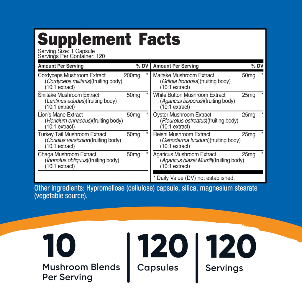 Nutricost Mushroom Complex Supplement, 120 Capsules for 120 Servings | 10 Mushroom Blend (Includes Reishi, Maitake, Shiitake, Lion's Mane, and More) - GMO-Free and Gluten Free