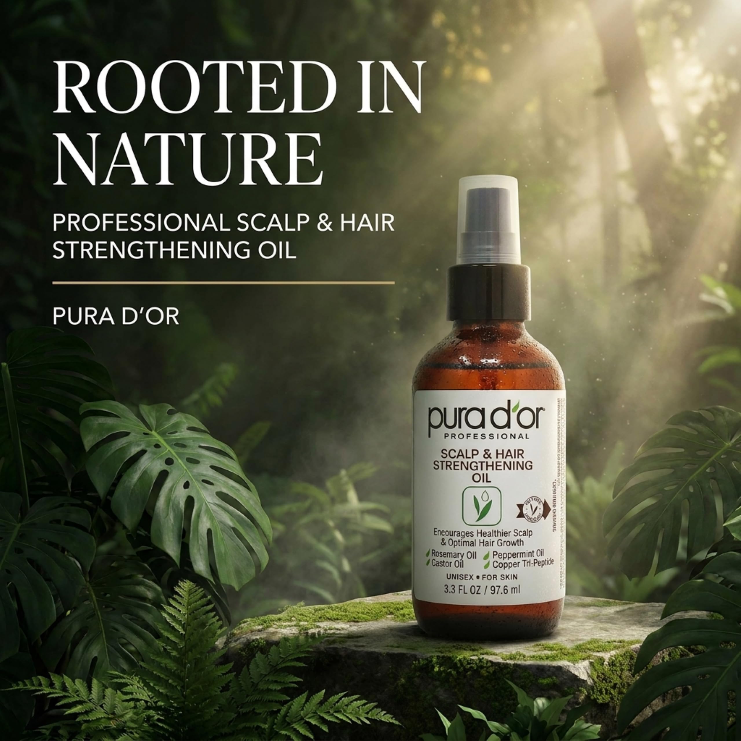 PURA D'OR Scalp & Hair Strengthening Oil Supports Optimal Growth, Reduce Breakage, Nourish Roots for Healthier, Fuller, Thicker Hair - Rosemary, Castor & Peppermint Oil: 3.3 Oz Ayurvedic Hair Care