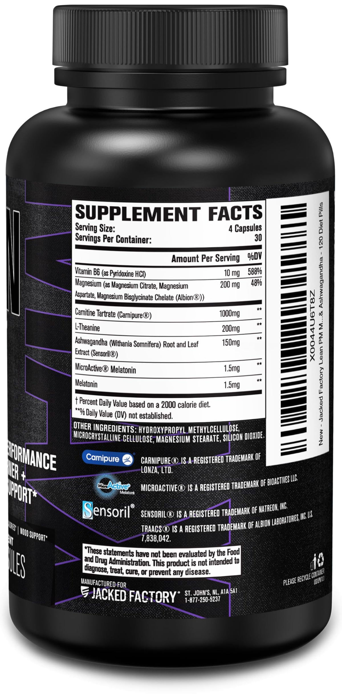 Jacked Factory Lean PM Max - High-Performance Weight Loss, Sleep Support, Fat Burner, & Appetite Suppressant for Men and Women w/Melatonin, Magnesium, Carnipure, & Ashwagandha - 120 Diet Pills