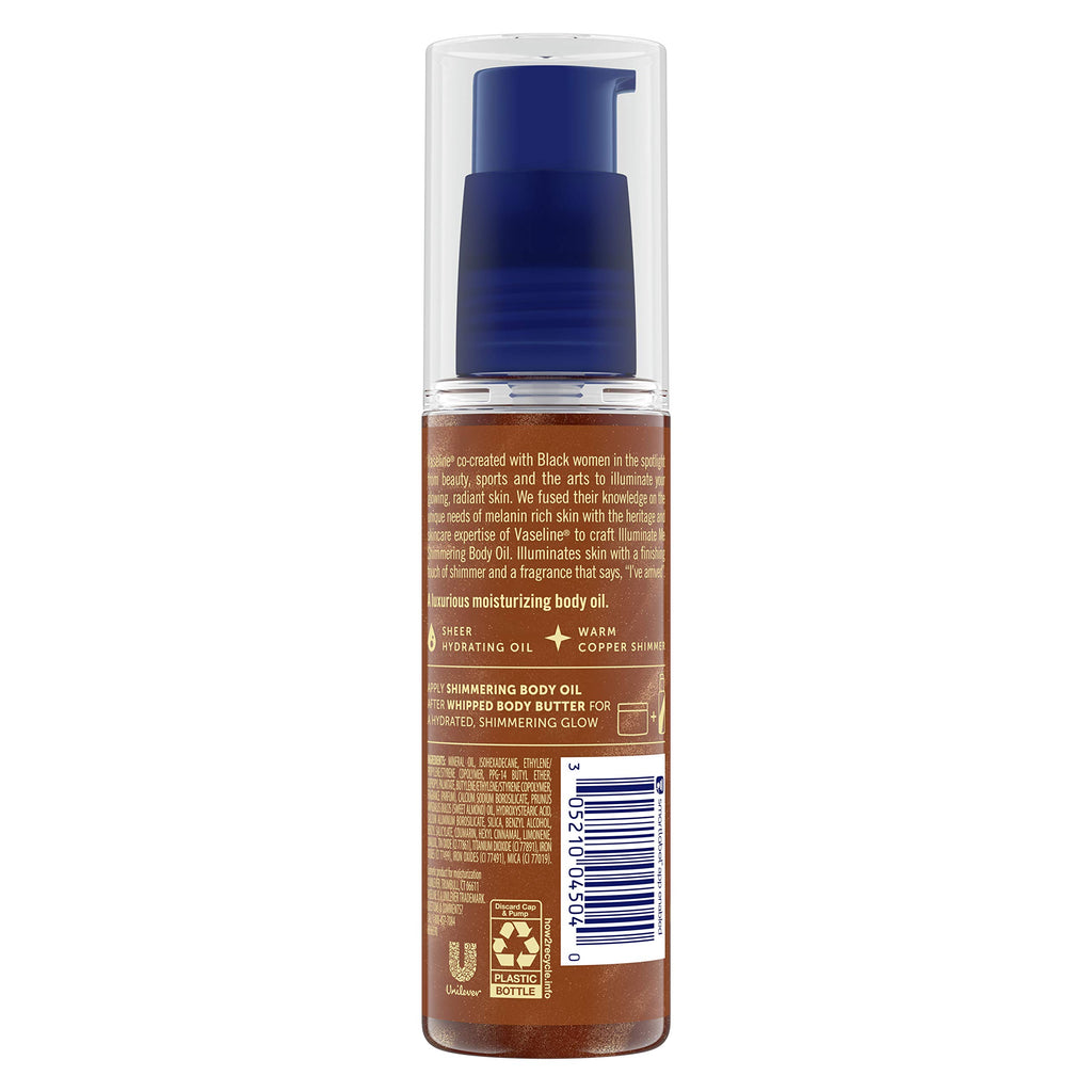 Vaseline Illuminate Me Shimmering Body Oil Created for Melanin Rich Skin, Illuminates Skin with Finishing Touch of Shimmer for Glowing Skin 3.3 oz | Illuminates Skin with Finishing Touch of Shimmer For Glowing, Moisturized Skin