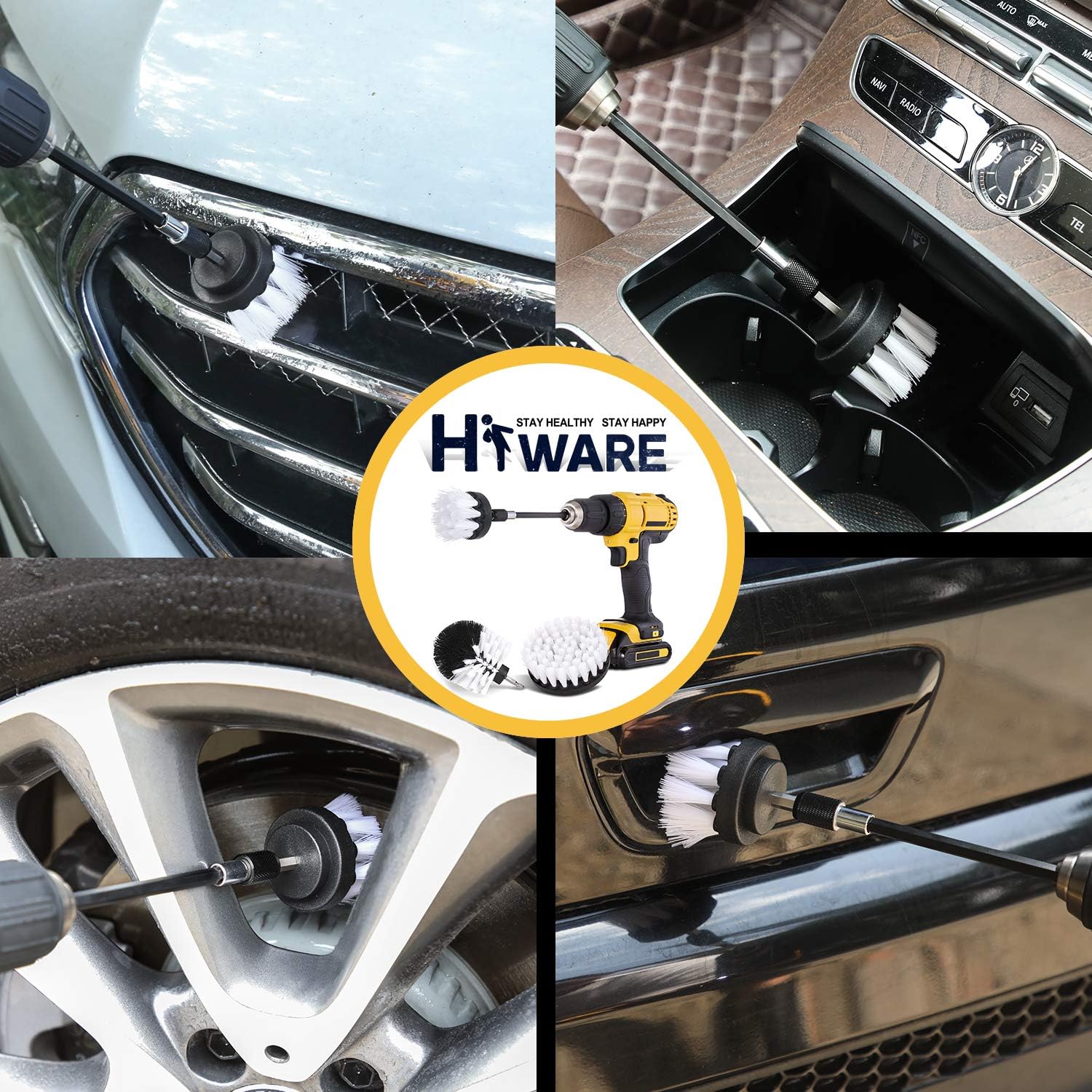 Buy now Hiware 4 Pcs Drill Brush Car Detailing Kit with Extend Attachment, Soft Bristle Power Scrubber Brush Set for Cleaning Car, Boat, Seat, Carpet, Upholstery and Shower Door - White at indiglob india