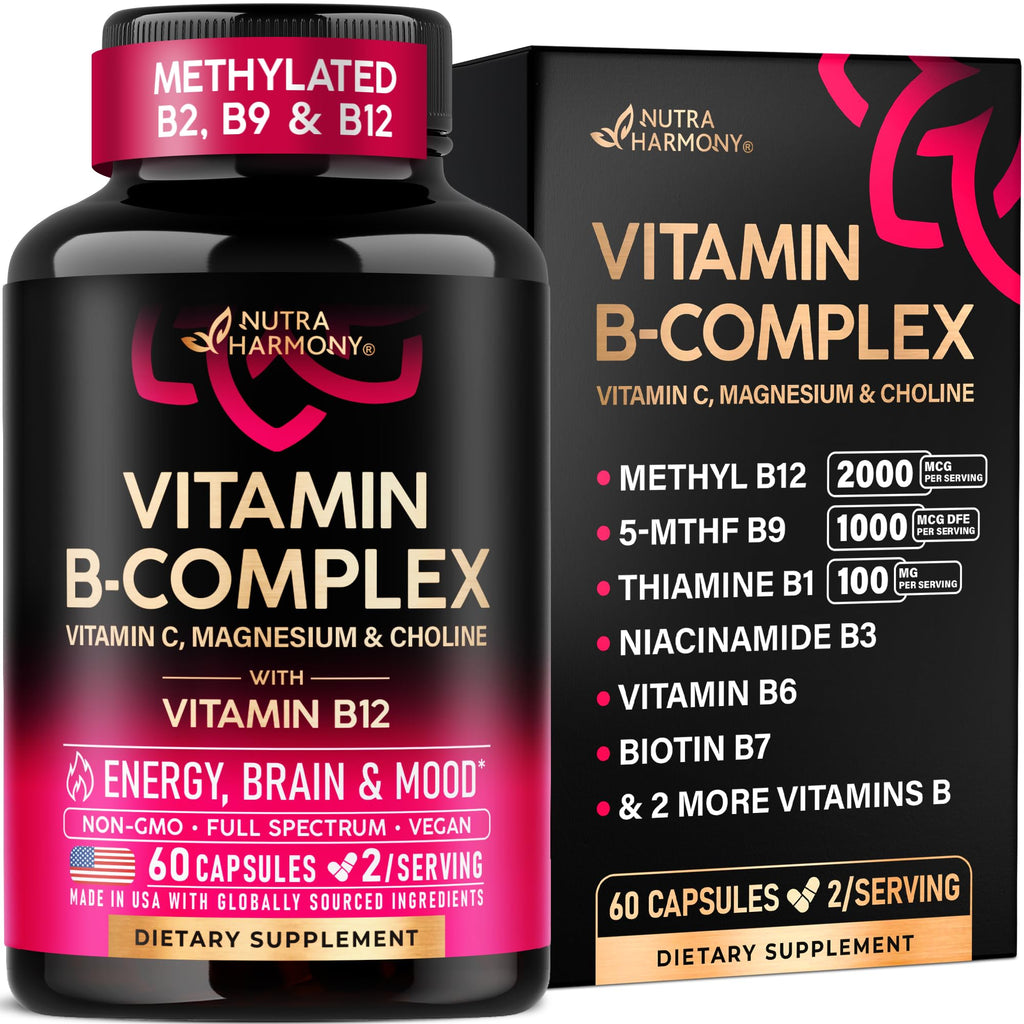 Vitamin B Complex for Men & Women - Full B-Complex & Vitamin B12 - 60 Caps | B1, B2, B3, B5, B6, B7, B9, B12 with Vitamin C, Magnesium, Choline, Inositol - Energy, Brain & Mood Support Supplement