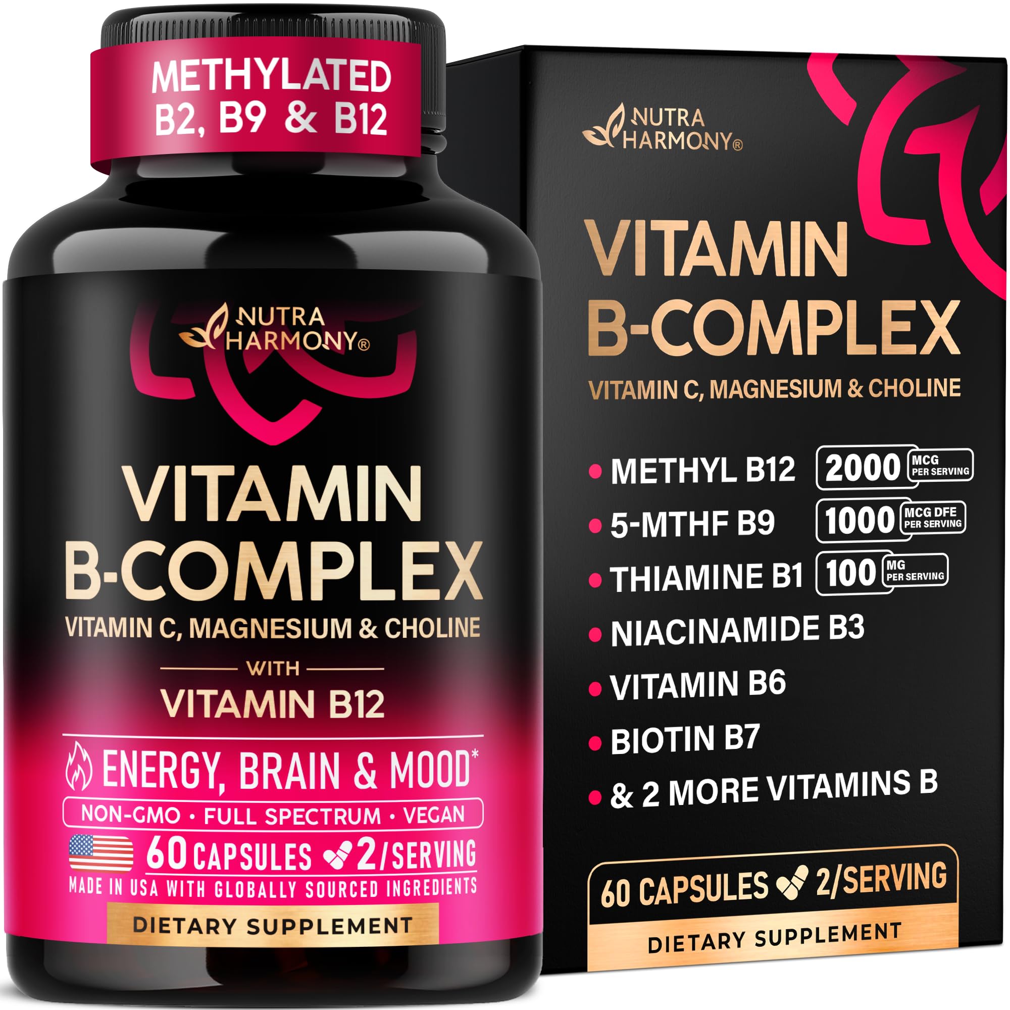 Vitamin B Complex for Men & Women - Full B-Complex & Vitamin B12 - 60 Caps | B1, B2, B3, B5, B6, B7, B9, B12 with Vitamin C, Magnesium, Choline, Inositol - Energy, Brain & Mood Support Supplement