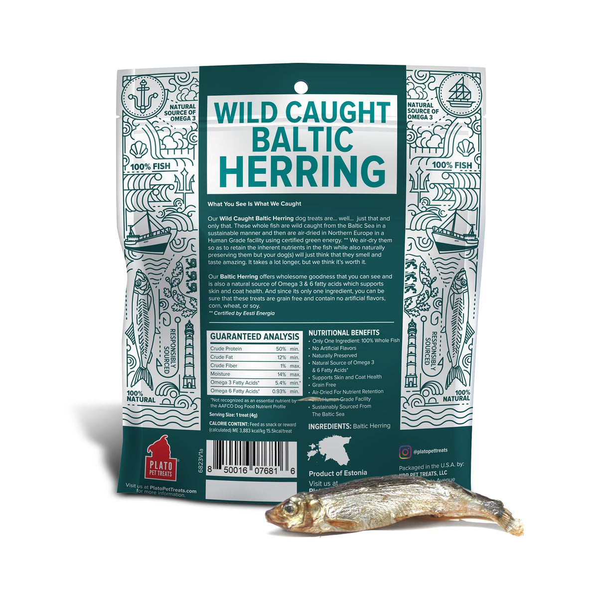 Plato Pet Treats Fish Dog Treats, Wild Caught Baltic Herring, 3 oz, 2 Pack