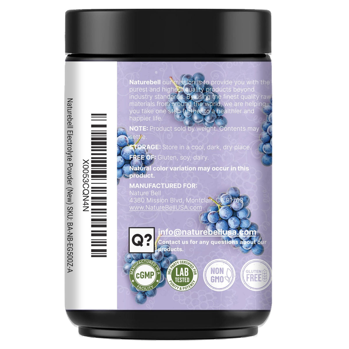 NatureBell Electrolytes Powder No Sugar, 500g (76 Servings) | Keto Fast Hydration Powder, Carnivore-Friendly Electrolyte – 1,000mg High Potassium, Minerals, & Coconut Water – Concord Grape Flavor