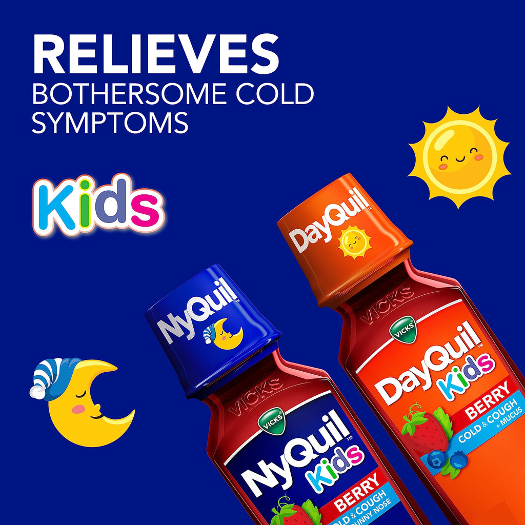 Buy now VICKS Kids DayQuil & NyQuil Berry Cold & Cough Medicine Co-Pack, Daytime & Nighttime Relief of Multiple Symptoms, Great-Tasting Berry Flavor, Free of Alcohol & Acetaminophen, for Ages 6+, 2x8oz at indiglob india