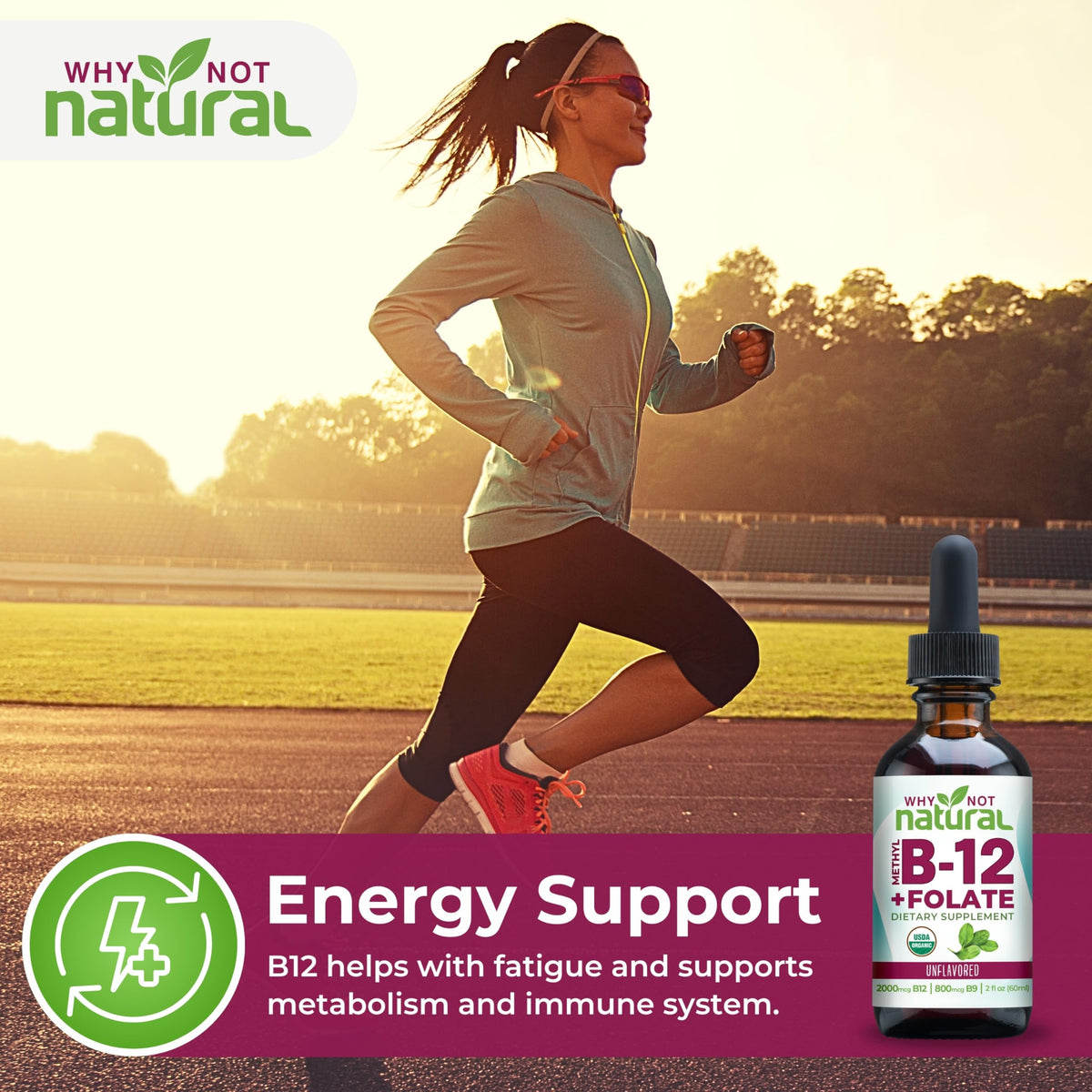 Why Not Natural Vitamin B12 Liquid Plus Folate - Organic Sublingual Extra Strength Vegan Drops - Methyl Supplement with Folinic