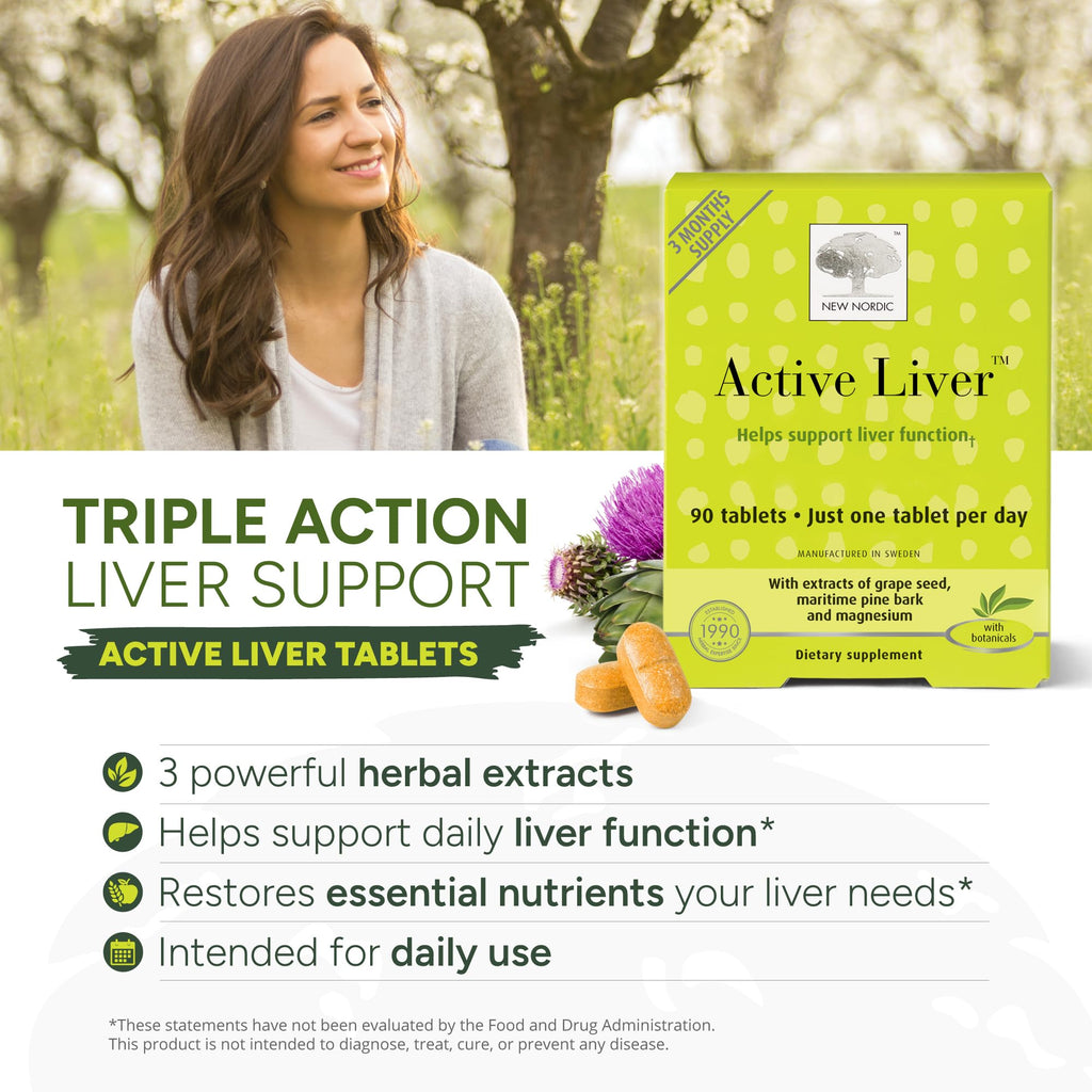 NEW NORDIC Active Liver Daily Support Supplement 90-Day Supply - 90 Tablets | Includes a supply of daily liver supplements, featuring a botanical blend of milk thistle and artichoke in a tablet format