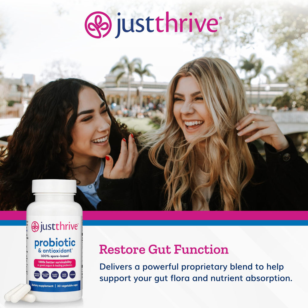 Just Thrive Probiotic & Antioxidant 100% Spore-Based Digestive Support | 30 capsules, 100% spore-based probiotic and antioxidant formula, Gluten free, Supports digestive and immune health