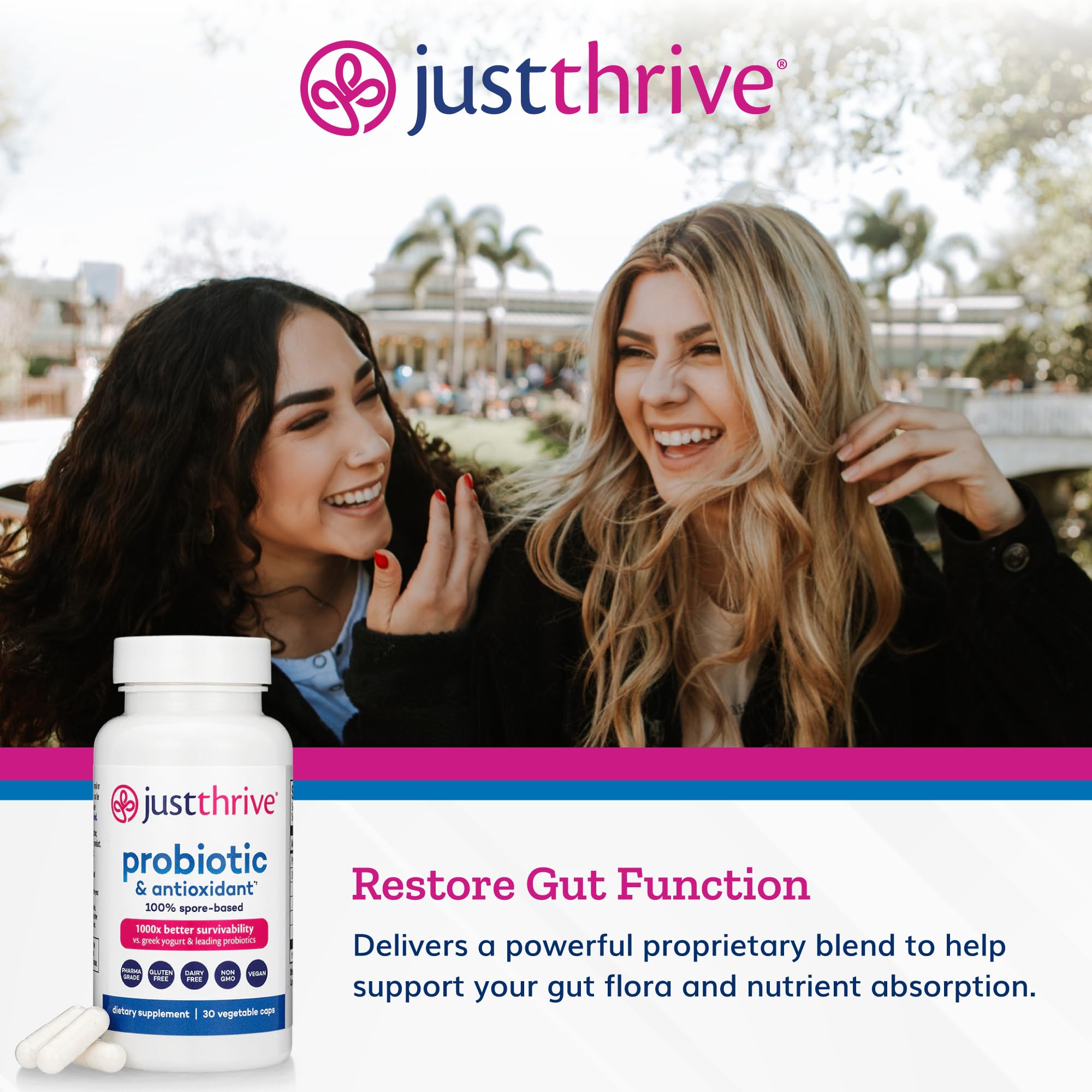 Just Thrive Probiotic & Antioxidant 100% Spore-Based Digestive Support | 30 capsules, 100% spore-based probiotic and antioxidant formula, Gluten free, Supports digestive and immune health