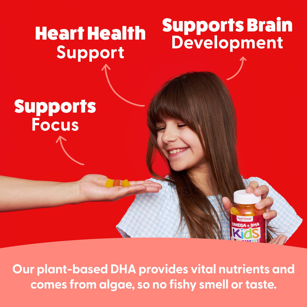 Feel Great Kids Omega 3 DHA Gummies, Plant-Based, No Fishy Taste, 60ct | Plant-Based DHA from Algae, Omega 3-6-9, Brain & Vision Support, Vegetarian, No Fishy Aftertaste