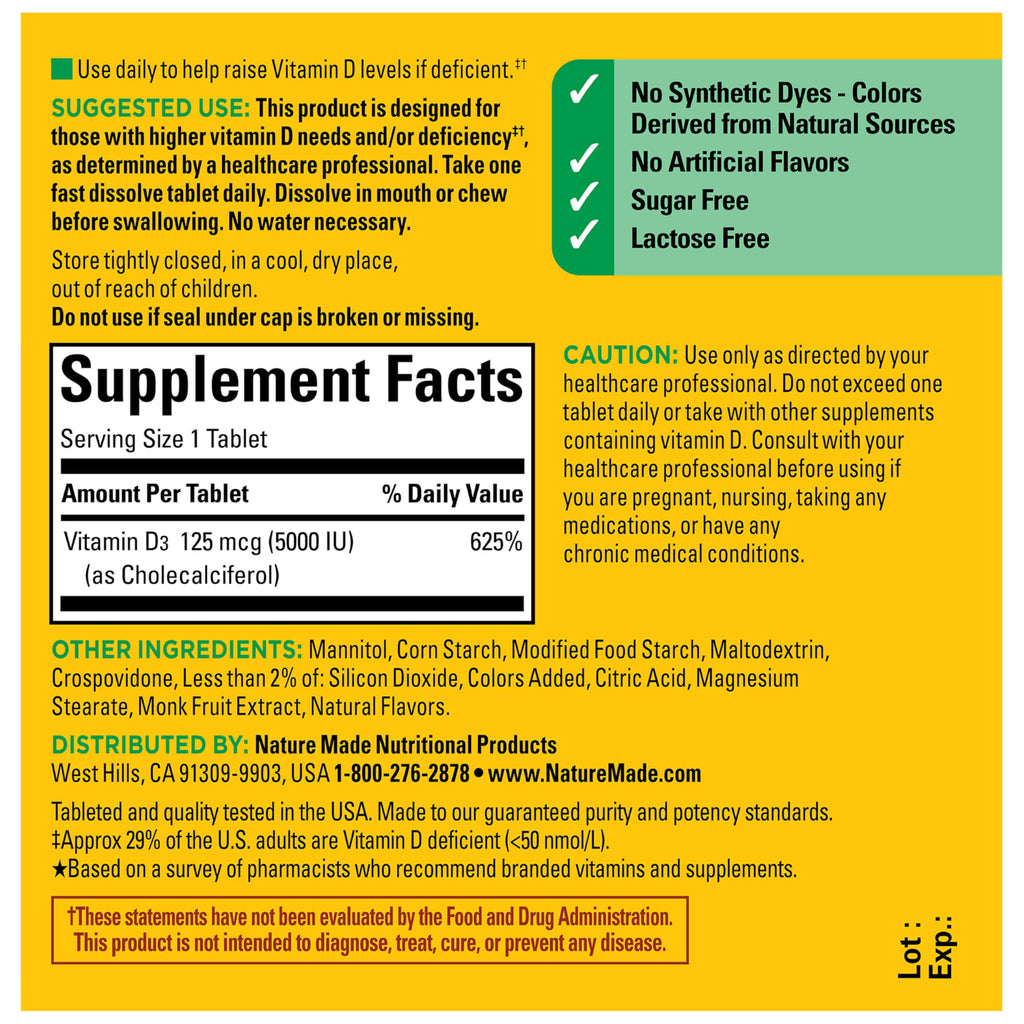 Nature Made Vitamin D3 5000 IU (125 mcg), 70 Fast Dissolve Tablets | Sugar Free, Extra Strength, Vitamin D Supplement for Immune Bone, Teeth and Muscle Health Support, 70 Day Supply