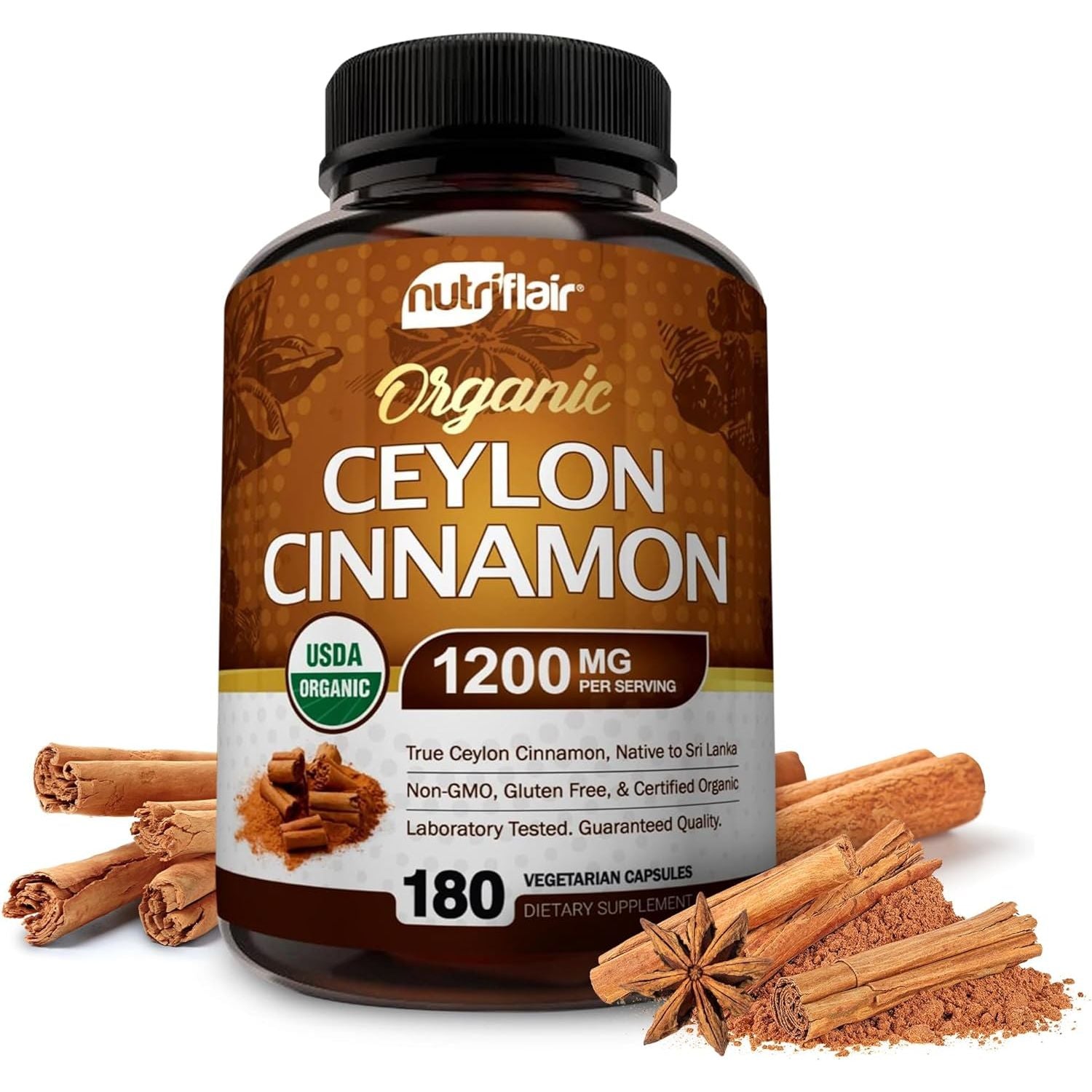 Buy now NutriFlair Organic Ceylon Cinnamon Supplement 1200mg, 120 Capsules - USDA Certified - Non-GMO, Gluten Free Powder, Antioxidant Pills 180 Count (Pack of 1) at indiglob india