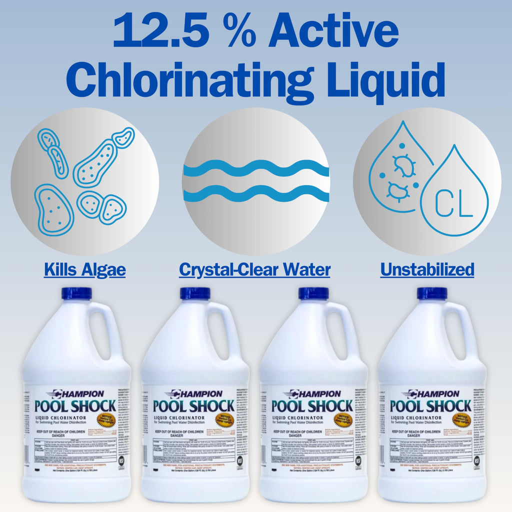 EZ POOLS Champion Liquid Chlorine (4-Pack) - Swimming Pool & Spa Liquid Shock Treatment - Raises Chlorine - 4 Gallons