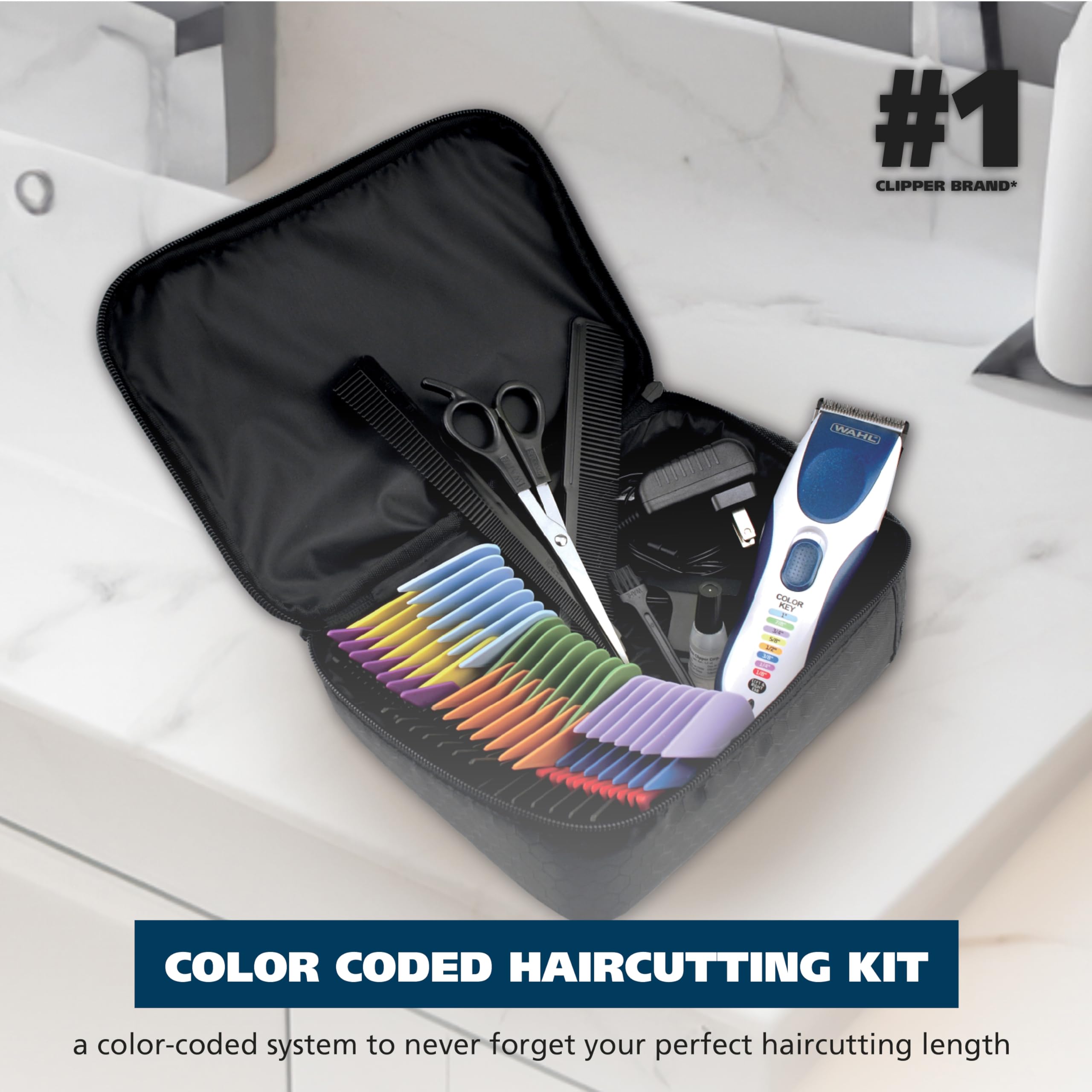 Wahl Color Pro Cordless Rechargeable Hair Clipper & Trimmer, Color Guards | Cordless At-Home Haircuts For Men, Women & Children With Easy Match Color Coded Guide Combs – Model 9649P