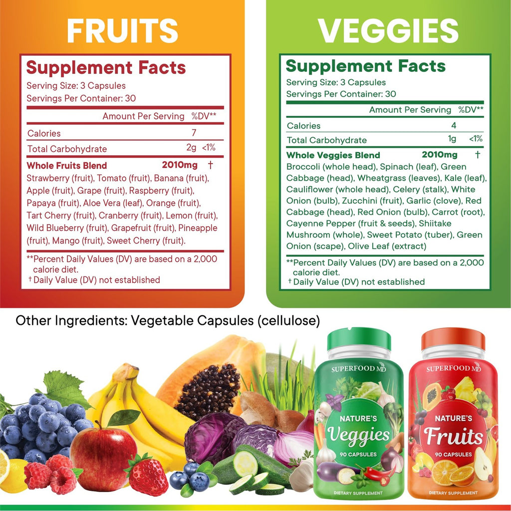 Superfood 180 Fruit and 180 Veggie Capsules - Whole Food Natural Superfoods - Maintain Energy Levels, with Beta Carotene - Soy Free (90 Count (Pack of 4)