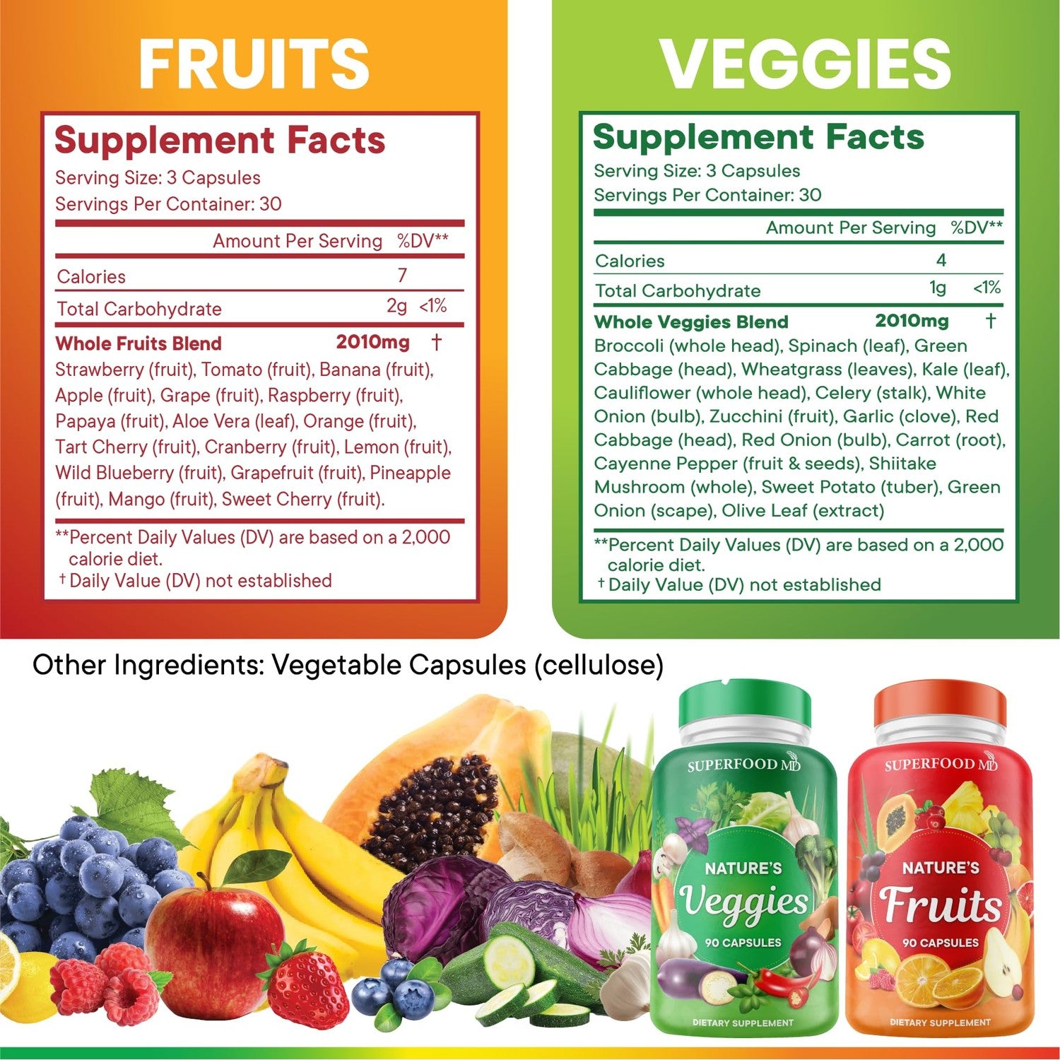 Superfood 180 Fruit and 180 Veggie Capsules - Whole Food Natural Superfoods - Maintain Energy Levels, with Beta Carotene - Soy Free (90 Count (Pack of 4)