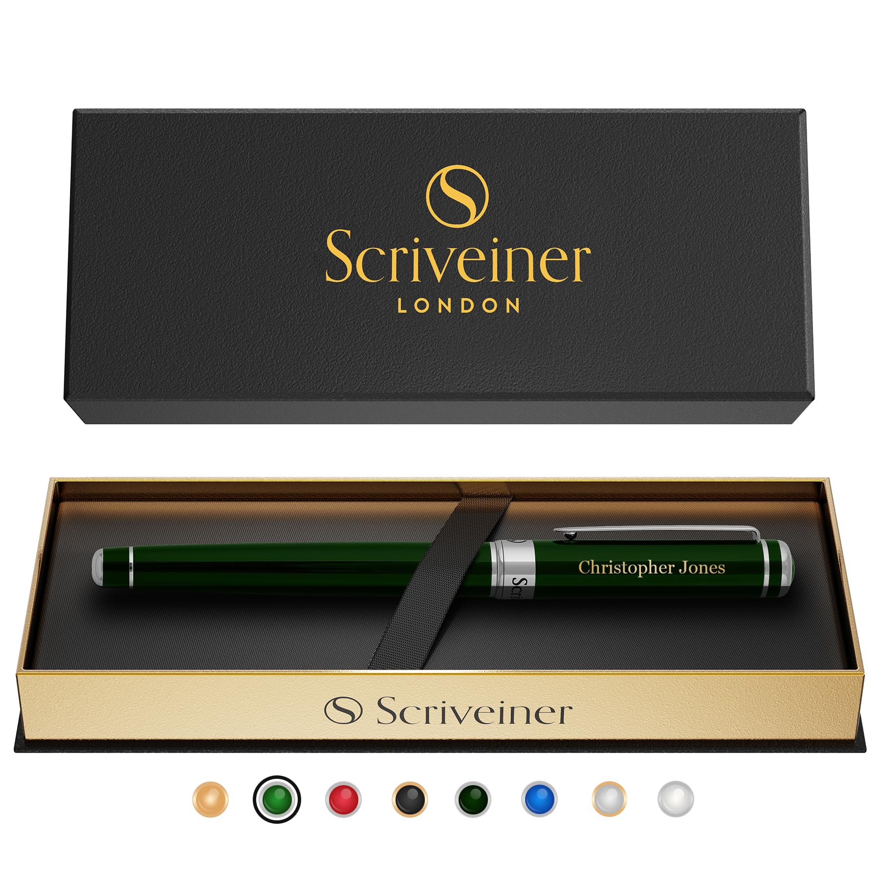 Buy now Scriveiner Black Lacquer Rollerball Pen - Stunning Luxury Pen, Real Gold Plating, Schmidt Ink Refill, Best Roller Ball Gift Set for Men & Women, Professional, Executive Office, Nice Pens British Racing Green with Chrome (Personalized) at indiglob india
