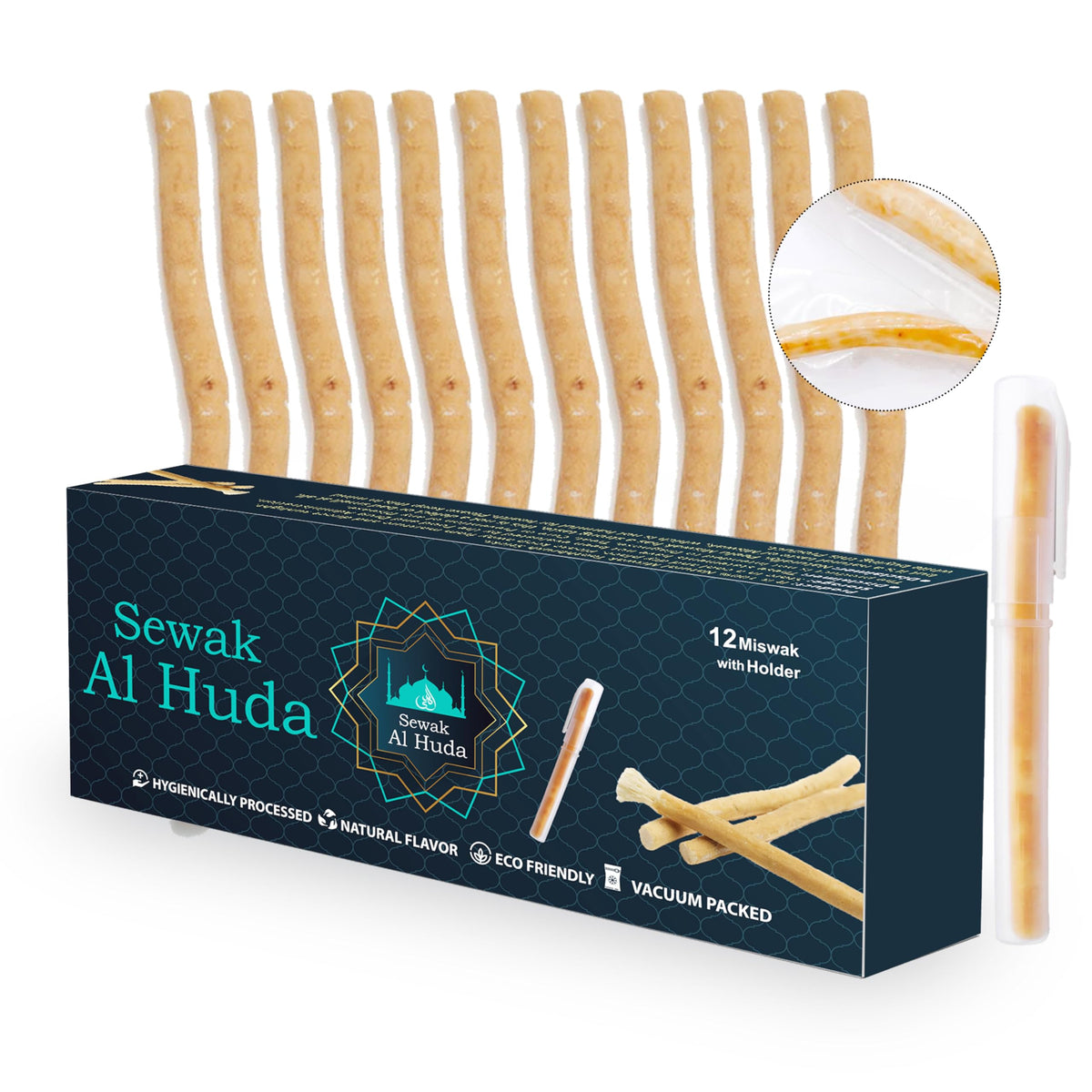12 Pcs Miswak Sticks with Holder - Vacuum Sealed Chewing Miswak Sticks for Teeth - Natural Flavored Toothbrush for Teeth Whitening, Oral Health, and Fresh Breath || Pack of 12
