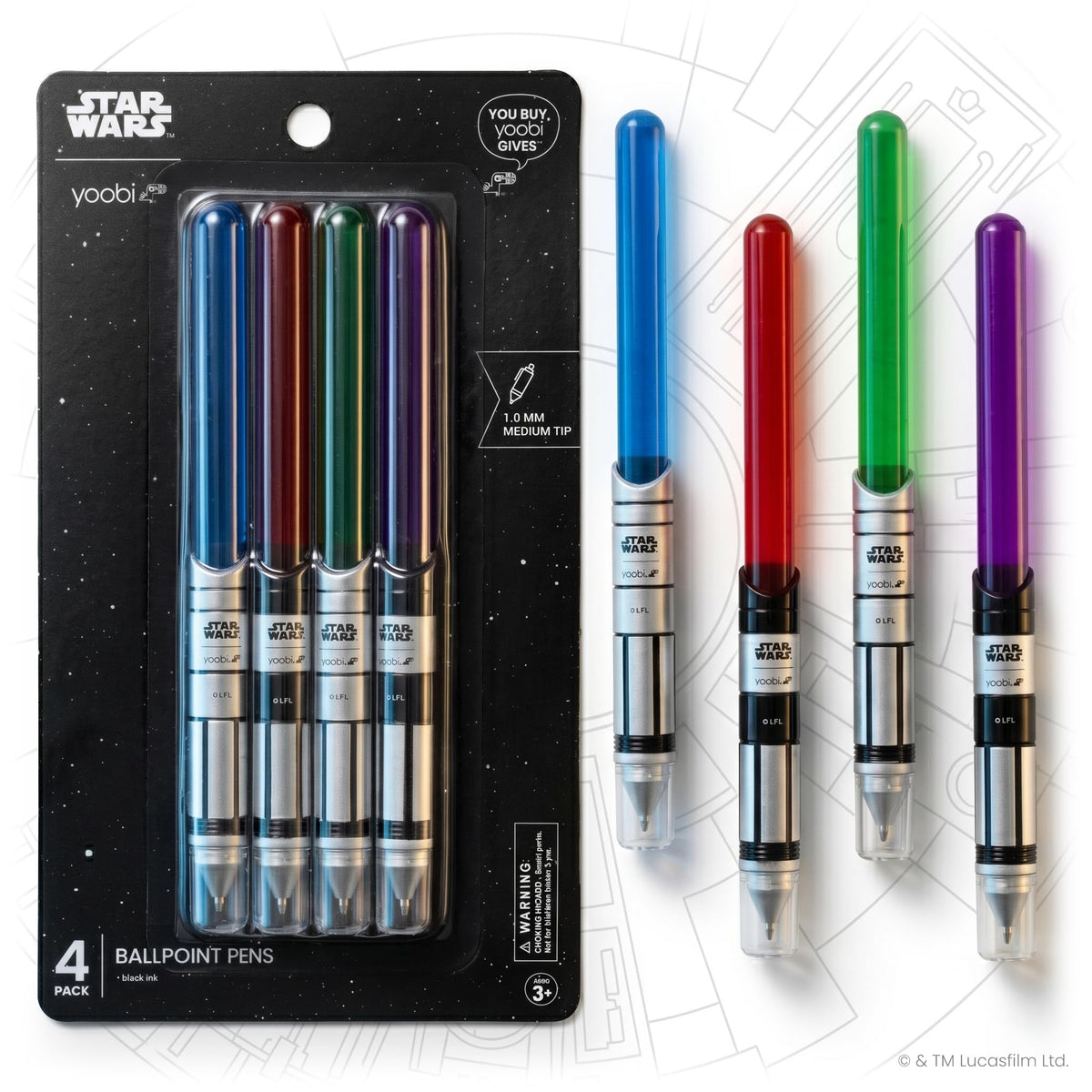 Yoobi x Star Wars Lightsaber Ballpoint Pens, Black Ink, Pack of 4, Teen & Adults