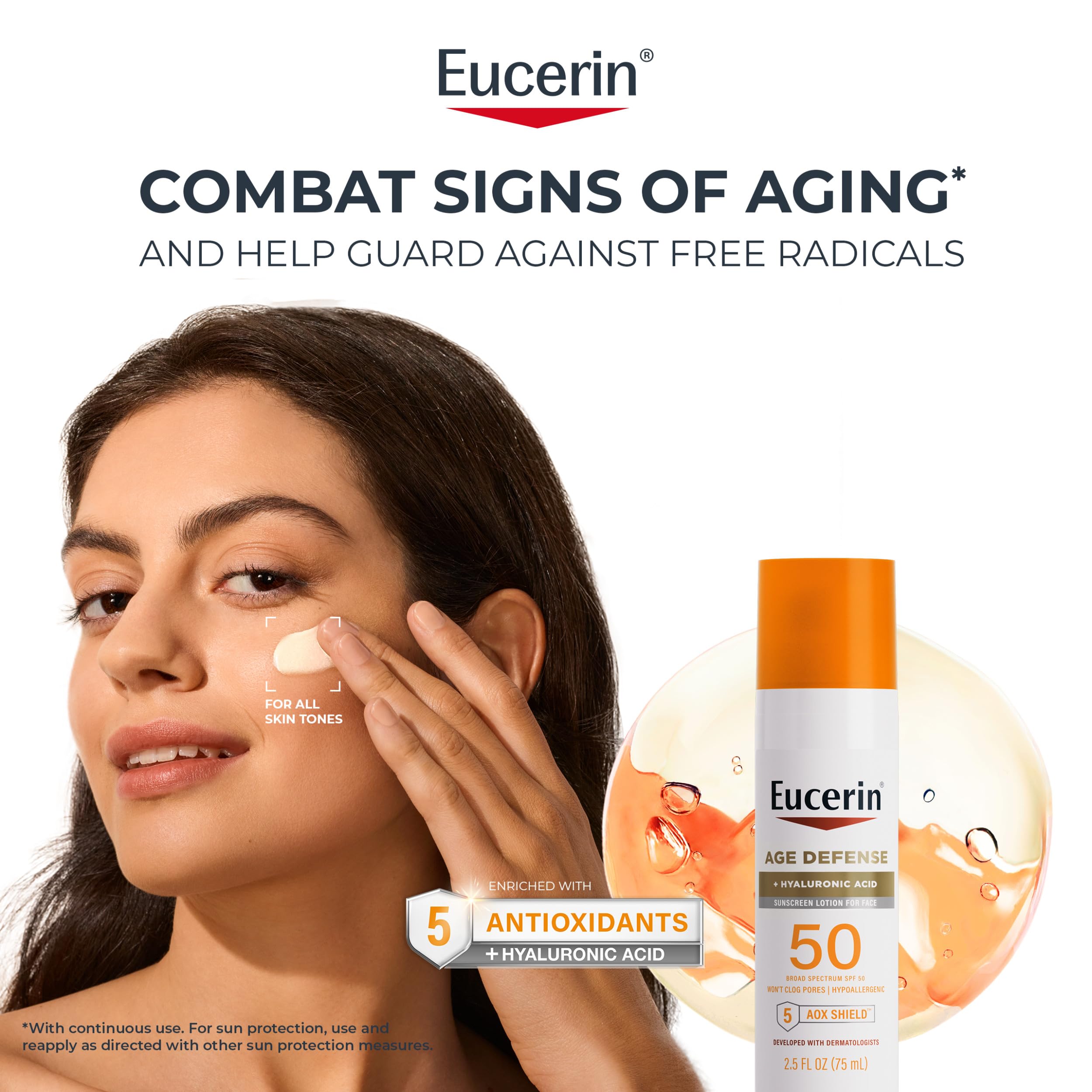Eucerin Sun Age Defense Face Sunscreen Lotion SPF 50, 2.5 FL OZ | Face Sunscreen SPF 50 with Hyaluronic Acid for Age Defense, Invisible Finish, Hypoallergenic, Non-Comedogenic, Fragrance Free
