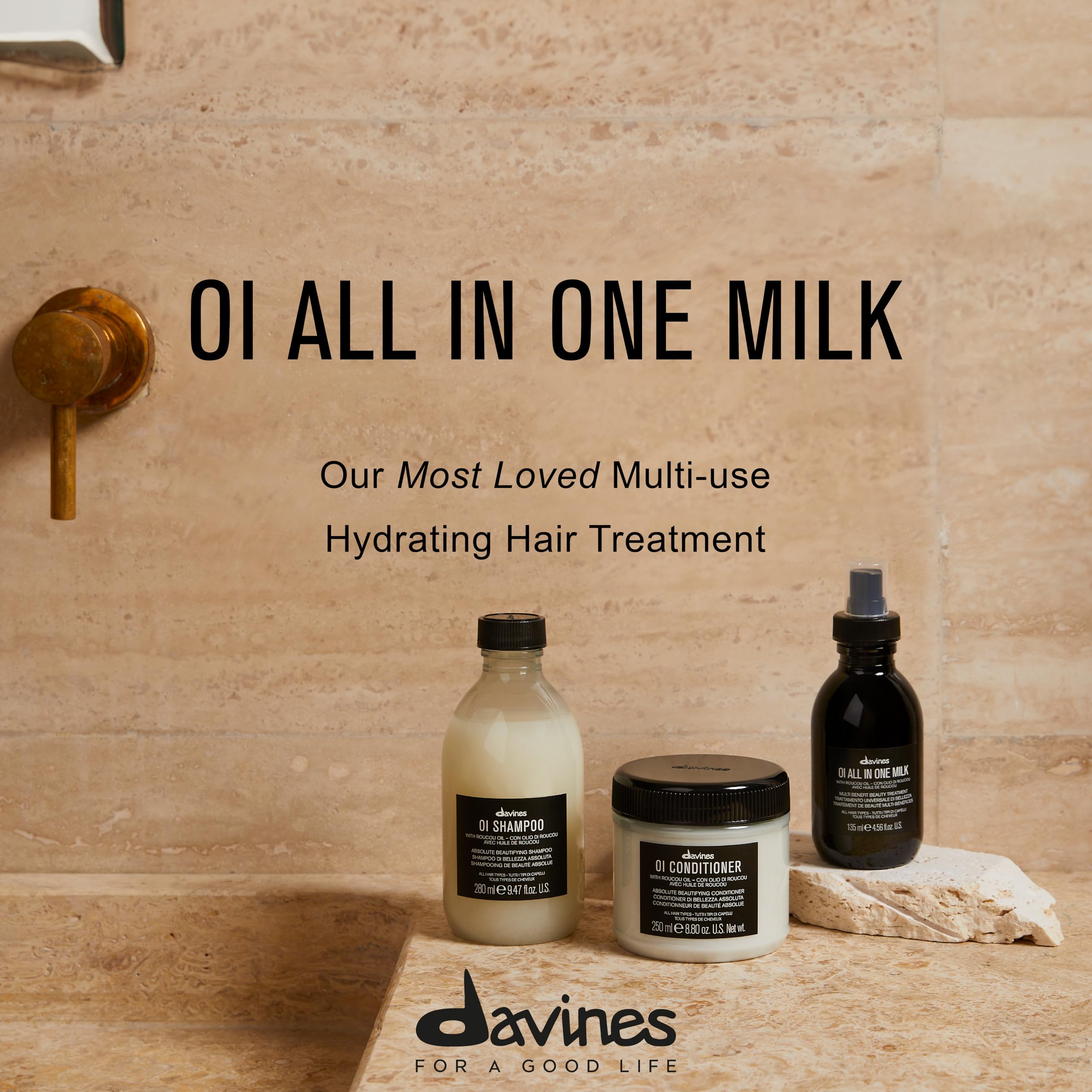 Davines OI All In One Milk, Hair Leave-in Conditioner Multi-Function Spray Treatment - Detangles, Controls Frizz & Heat Protectant - Weightless Antioxidant Roucou Oil Formula