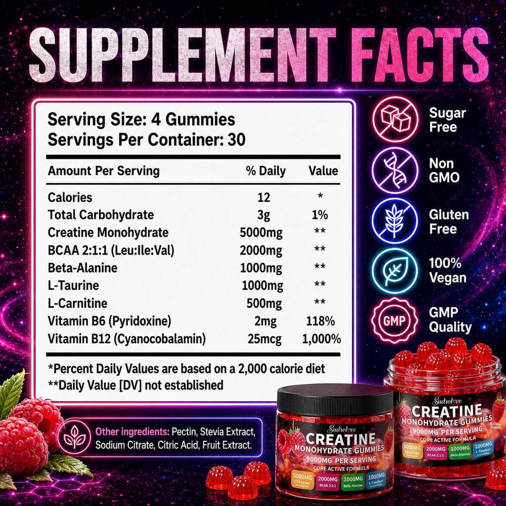 Creatine Monohydrate Gummies 5000mg for Women & Men,120 Count | Blended BCAA, Beta-Alanine, L-Taurine & L-Carnitine Plus B6 B12,Chewable Pre-Workout, Boost Stamina,Ease Muscle Soreness