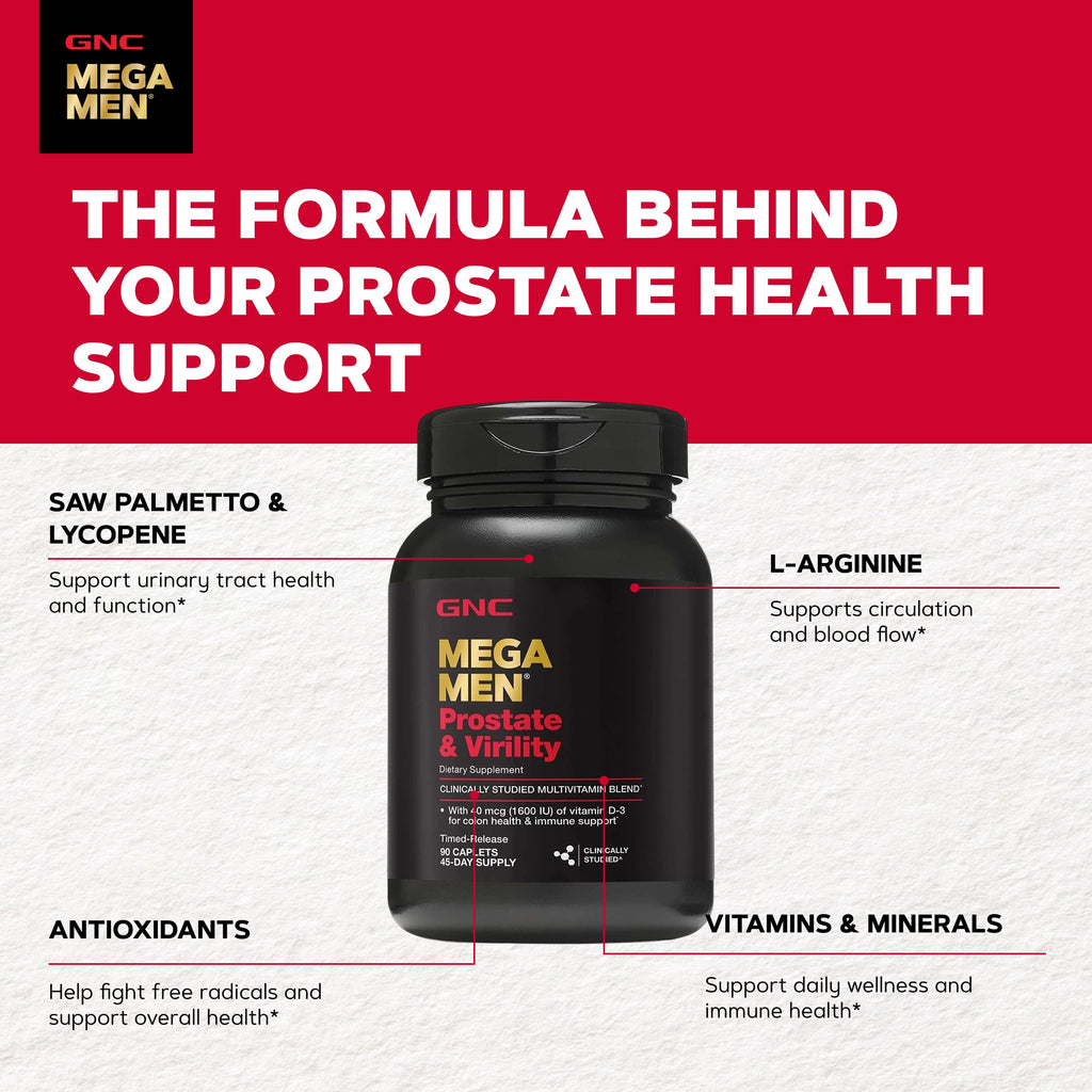 GNC Mega Men Prostate & Virility Multivitamin for Men, 90 Count | Supports Prostate, Sexual, and Colon Health, Made with an Arginine and Herb Blend, Advanced Antioxidant Formula