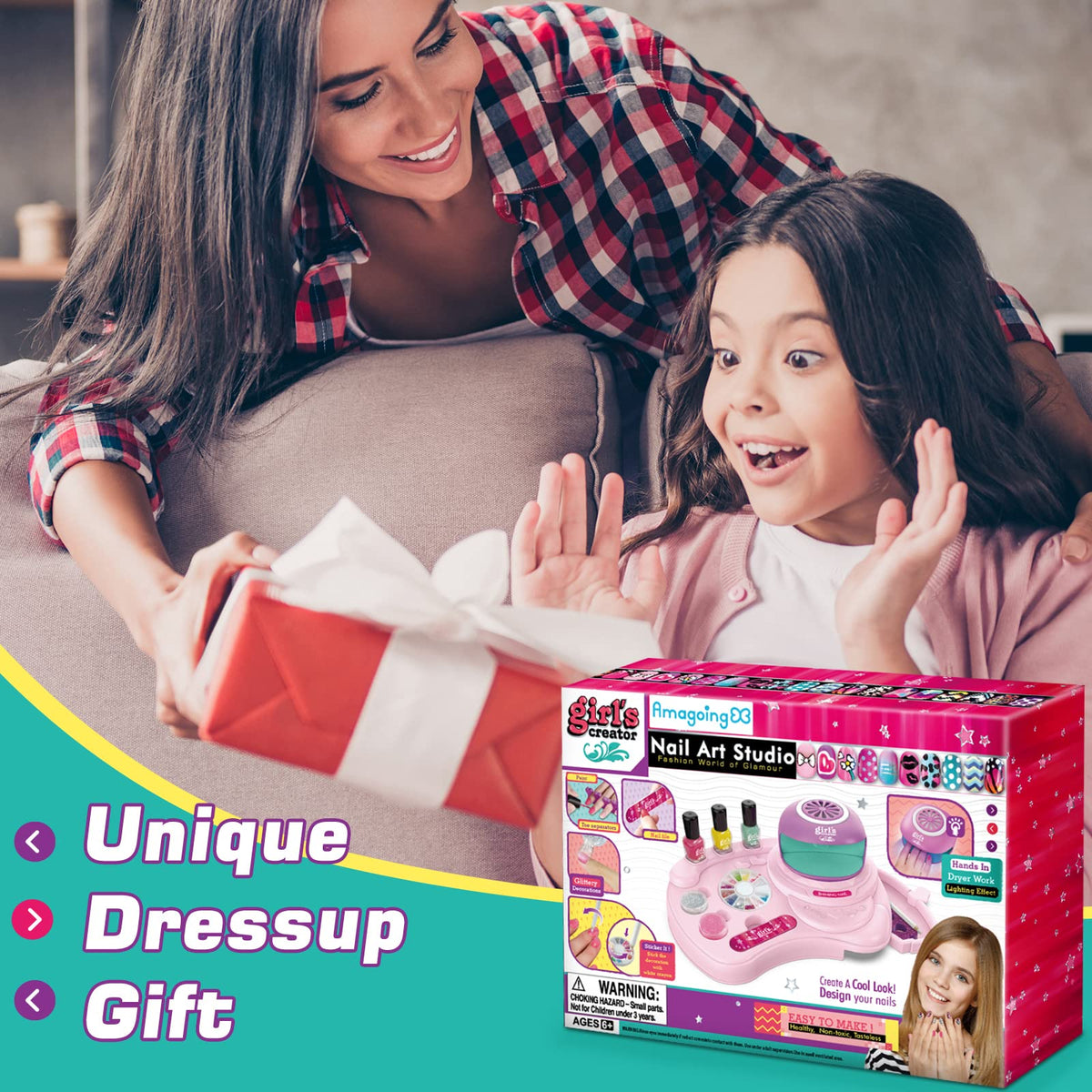 Amagoing Nail Polish Set for Girls Ages 7-12, Kids Nail Art Studio Kit, Non Toxic Quick Dry Nail Polish, Nail Dryer, Storage Desk, Glitter, Cool Girls Stuff, Birthday Gifts Ideas 8 9 10 11 Years Old