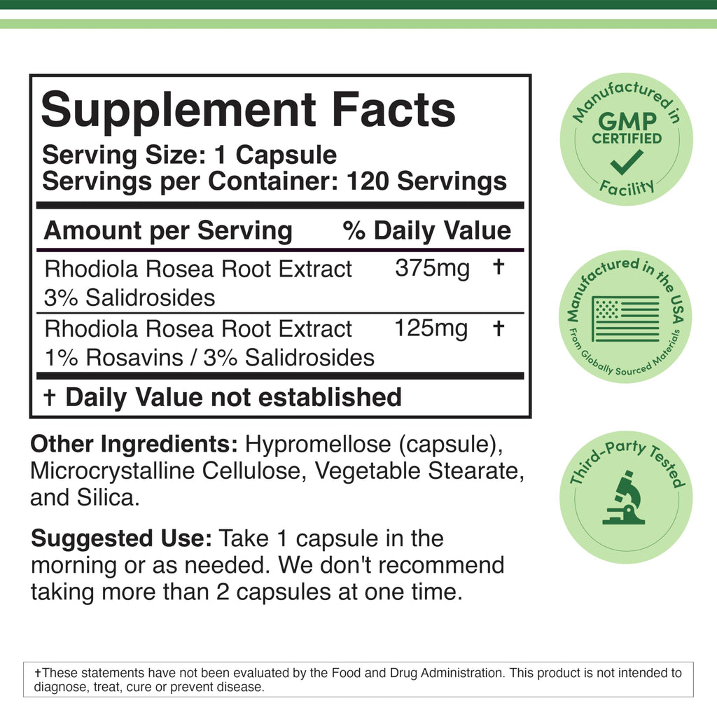 Rhodiola Rosea 500mg, Standardized, Stress, Focus + Energy, 120 Capsules | Stress, Focus + Energy Supplement, Verified Rosavin/Salidroside Ratio, Calm Energy (No Jitters), Vegan, 4-Month Supply