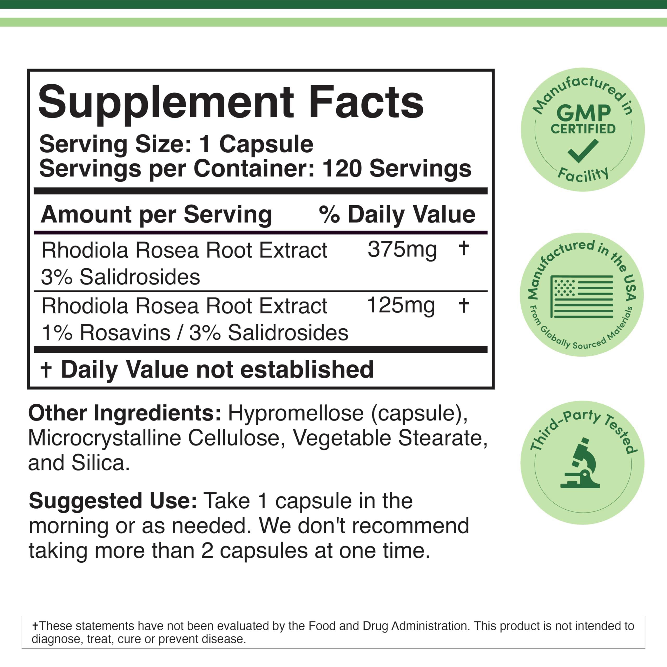 Rhodiola Rosea 500mg, Standardized, Stress, Focus + Energy, 120 Capsules | Stress, Focus + Energy Supplement, Verified Rosavin/Salidroside Ratio, Calm Energy (No Jitters), Vegan, 4-Month Supply