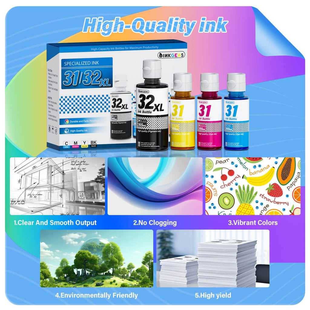 31 32XL Ink Bottle Set Refill for HP Smart Tank 7600 7602 7300 7301 7001, 5000 5101 5102, 6000 6001 651 551 Printer. Black CMY