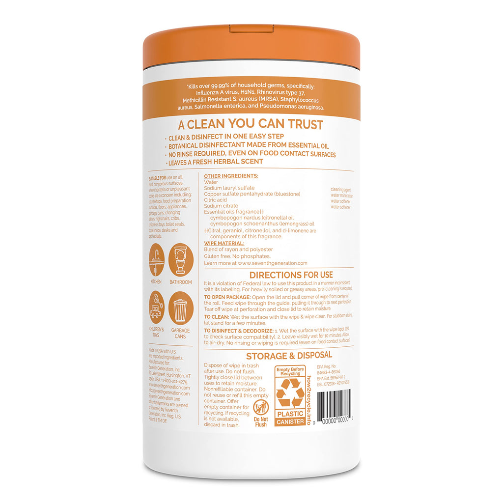 Seventh Generation Disinfecting Multi-Surface Wipes, Lemongrass Citrus Scent, 70 Wipes