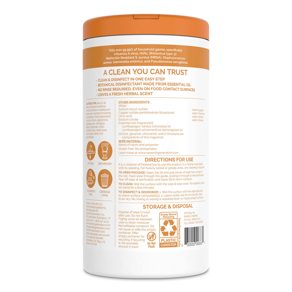 Seventh Generation Disinfecting Multi-Surface Wipes, Lemongrass Citrus Scent, 70 Wipes