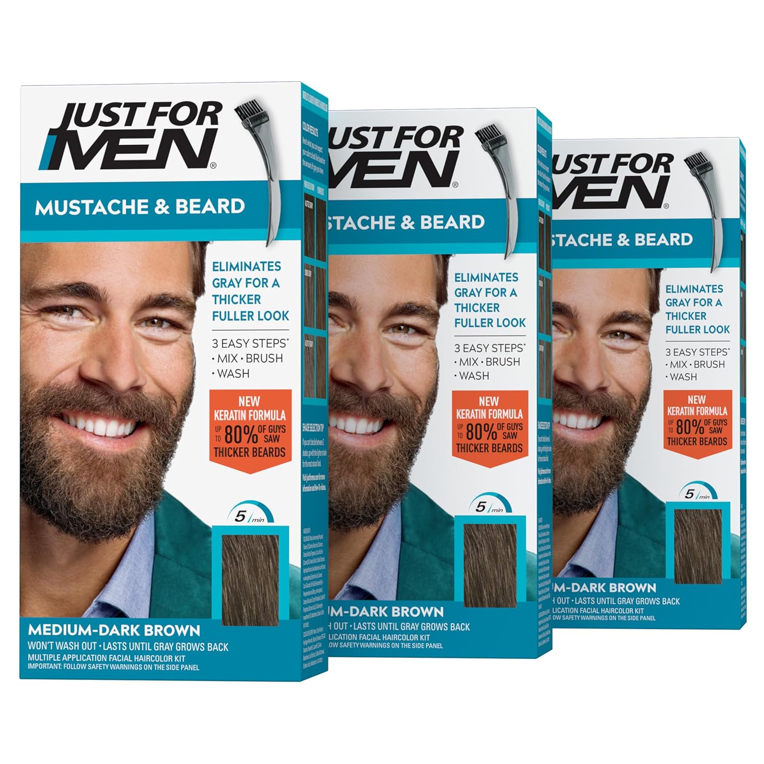Buy now Just For Men Mustache & Beard, Beard Coloring for Gray Hair with Brush, with Keratin Biotin Aloe and Coconut Oil for Healthy Facial Hair - Medium-Dark Brown, M-40, Pack of 3 (Packaging May Vary) 1 Count (Pack of 3) Medium-Dark Brown M-40 at indiglob india