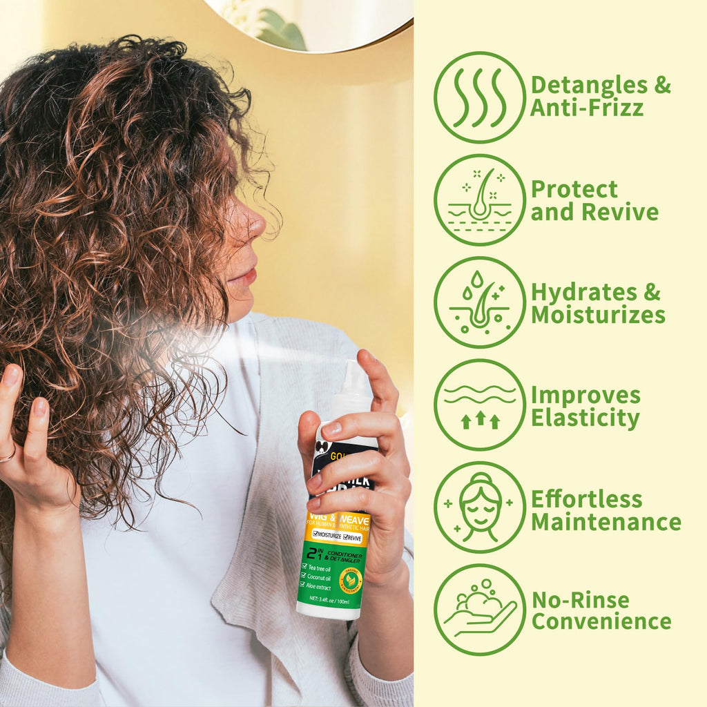 2PCS Wig Milk Spray for Synthetic Hair, Leave-In Conditioner Wig Detangler Spray for Human Wigs, Conditioner ＆ Detangler 2 in 1 Moisturizer, Hydrates & Replenishes Synthetic Hair Wigs Easy Combing