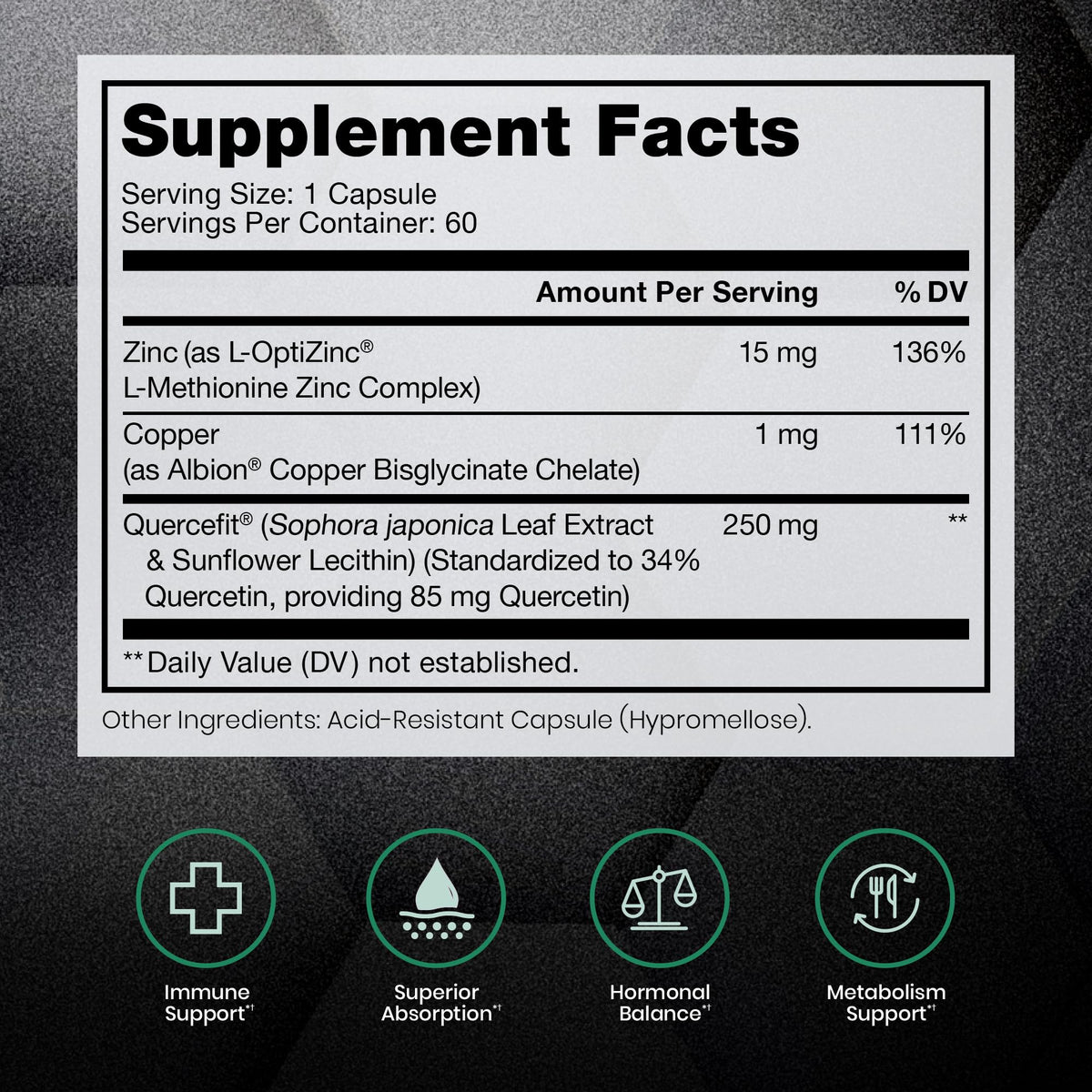 Zinc Defense, Quercetin & Copper, Zinc 15mg, 60 Servings