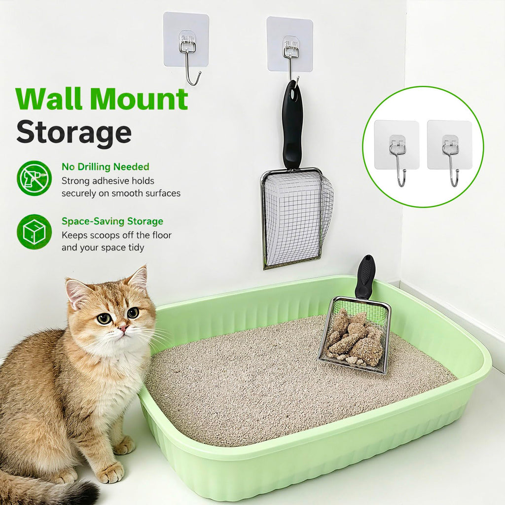 2 Pack Cat Litter Scoop with 3.8mm & 5mm Mesh – Stainless Steel Kitten Litter Scoop with 2 Adhesive Hooks, Metal Cat Poop Scooper for All Litter Types, Efficient Sifting & Easy Cleaning for Litter Box