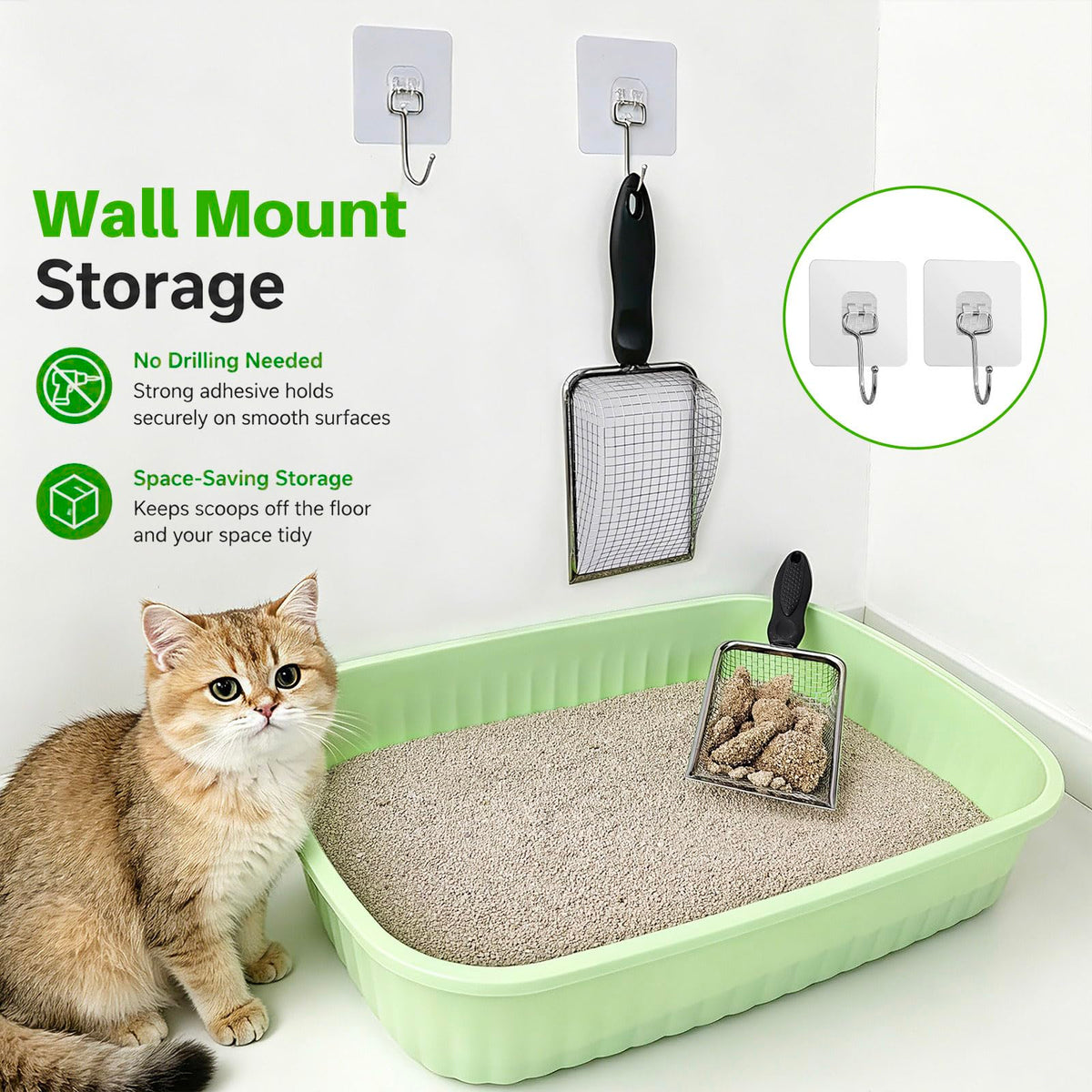2 Pack Cat Litter Scoop with 3.8mm & 5mm Mesh – Stainless Steel Kitten Litter Scoop with 2 Adhesive Hooks, Metal Cat Poop Scooper for All Litter Types, Efficient Sifting & Easy Cleaning for Litter Box