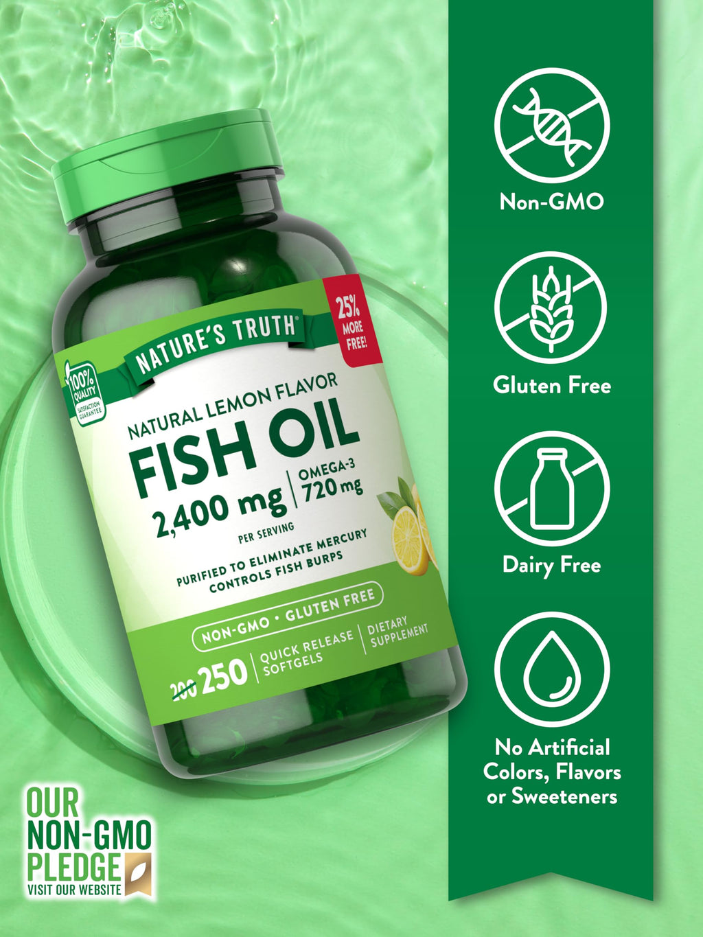 Nature's Truth Burpless Fish Oil 2400mg | 250 Softgels | 720 mg Omega 3