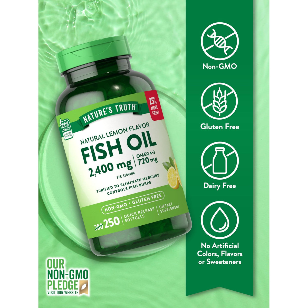 Nature's Truth Burpless Fish Oil 2400mg | 250 Softgels | 720 mg Omega 3