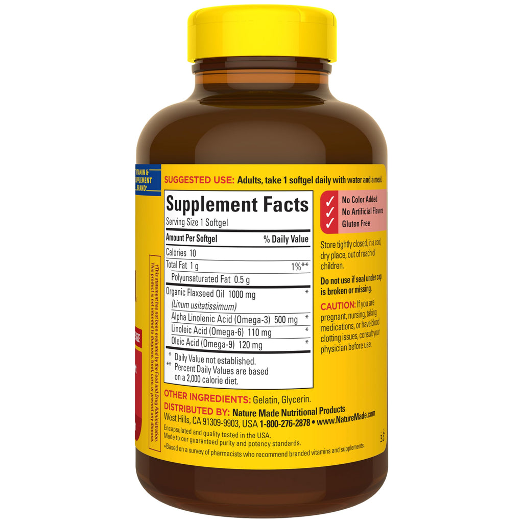 Nature Made Flaxseed Oil 1000 mg Softgels, 180 Softgels | Fish Free Omega 3 Supplement, Dietary Supplement for Heart Health Support, 180 Day Supply