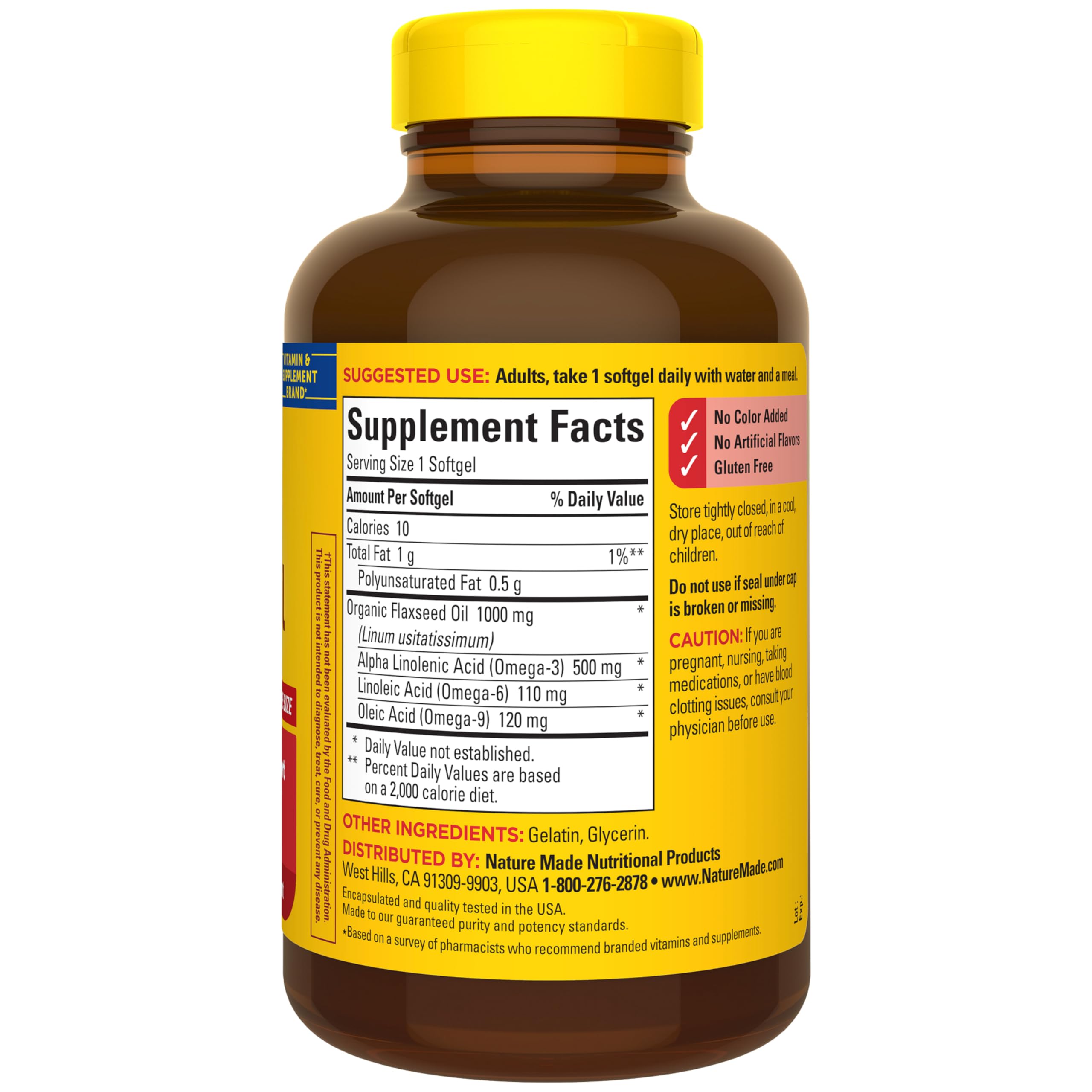 Nature Made Flaxseed Oil 1000 mg Softgels, 180 Softgels | Fish Free Omega 3 Supplement, Dietary Supplement for Heart Health Support, 180 Day Supply